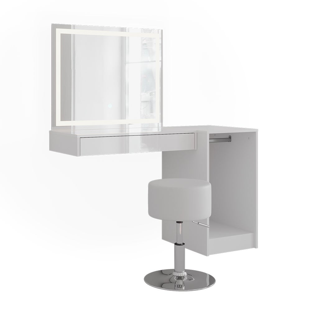 Vicco Stół do toalety Sherry, Biały/Biały wysoki połysk, 120.2 cm z lustrem LED, taboretem i modułem z drążkiem na ubrania