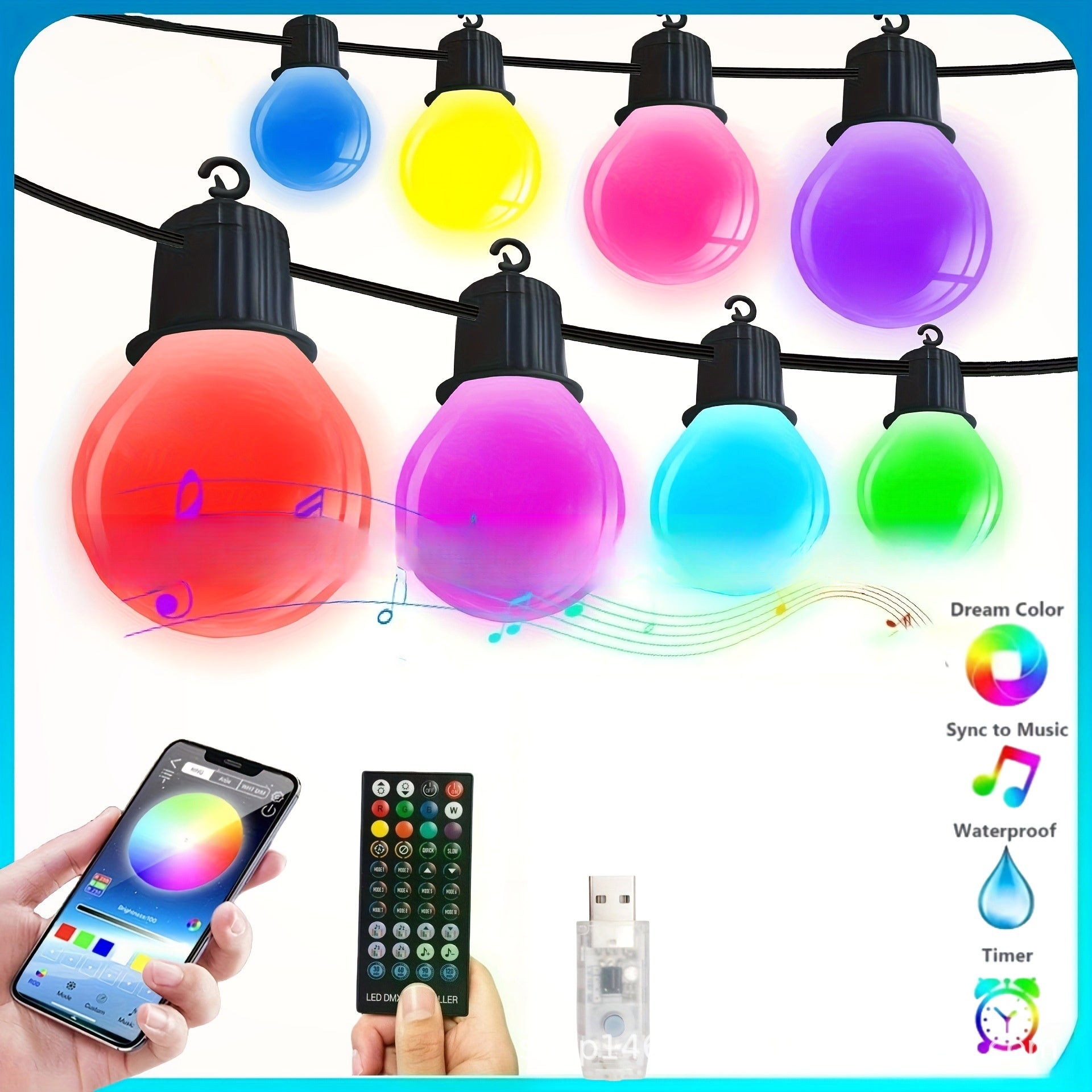 7,5-metrowy łańcuch świetlny RGB z 20 żarówkami, inteligentna aplikacja i pilot, IP65, na Boże Narodzenie, kemping, ogród, przyjęcia w ogrodzie,wesela