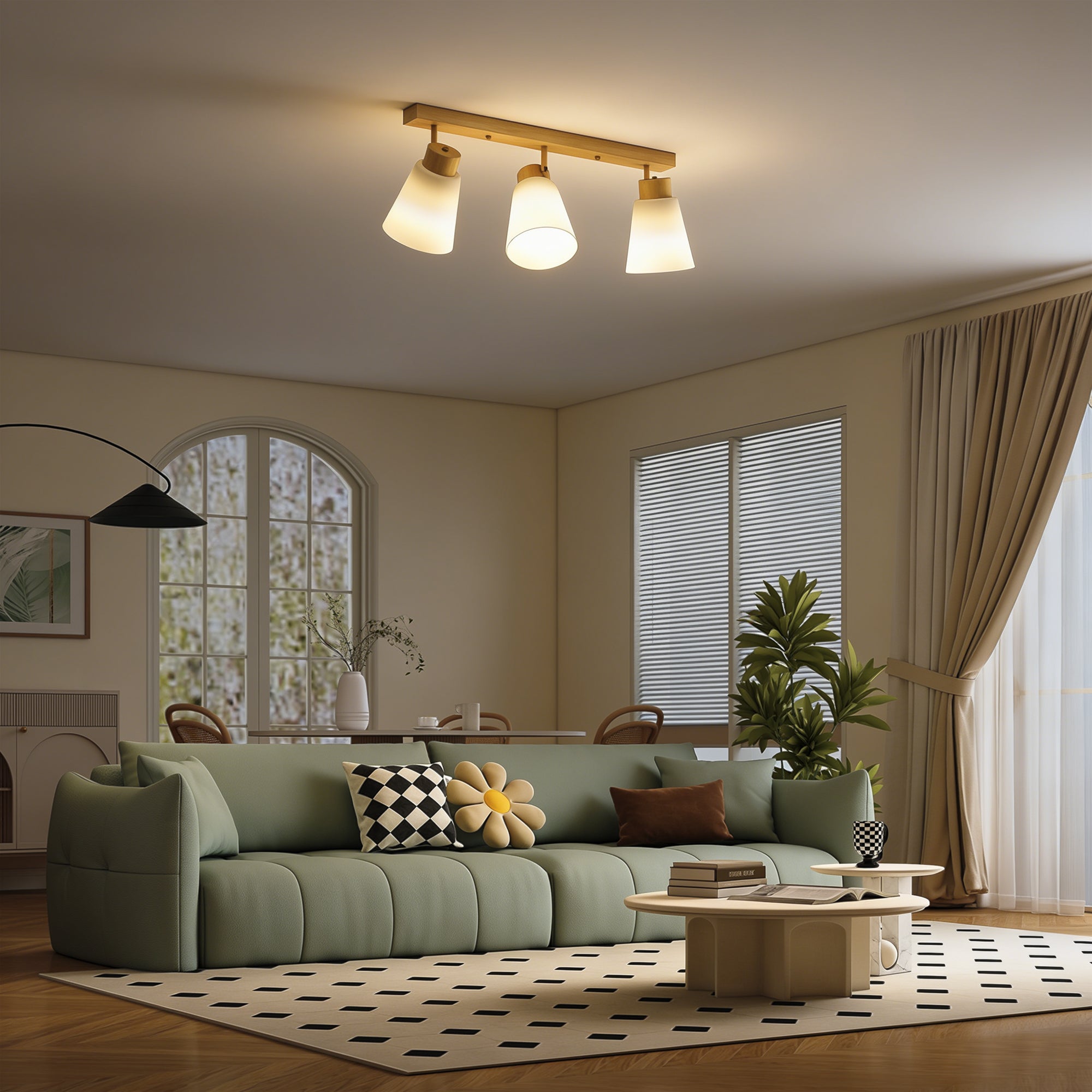 Lampa sufitowa z 3 regulowanymi punktami świetlnymi pod kątem 90° i oprawkami E27, kolor drewna