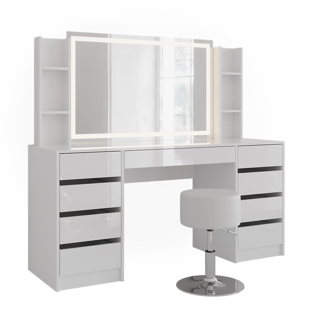 Vicco Stół do toalety Sherry, Biały/Biały wysoki połysk, 158.2 cm z lustrem LED i stołkiem