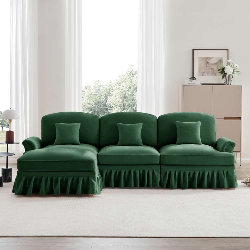 Modułowa sofa w kształcie L na 3 osoby, wykonana z miękkiego materiału typu chenille, z podłokietnikami w kształcie trąbki, zdejmowanym pokrowcem