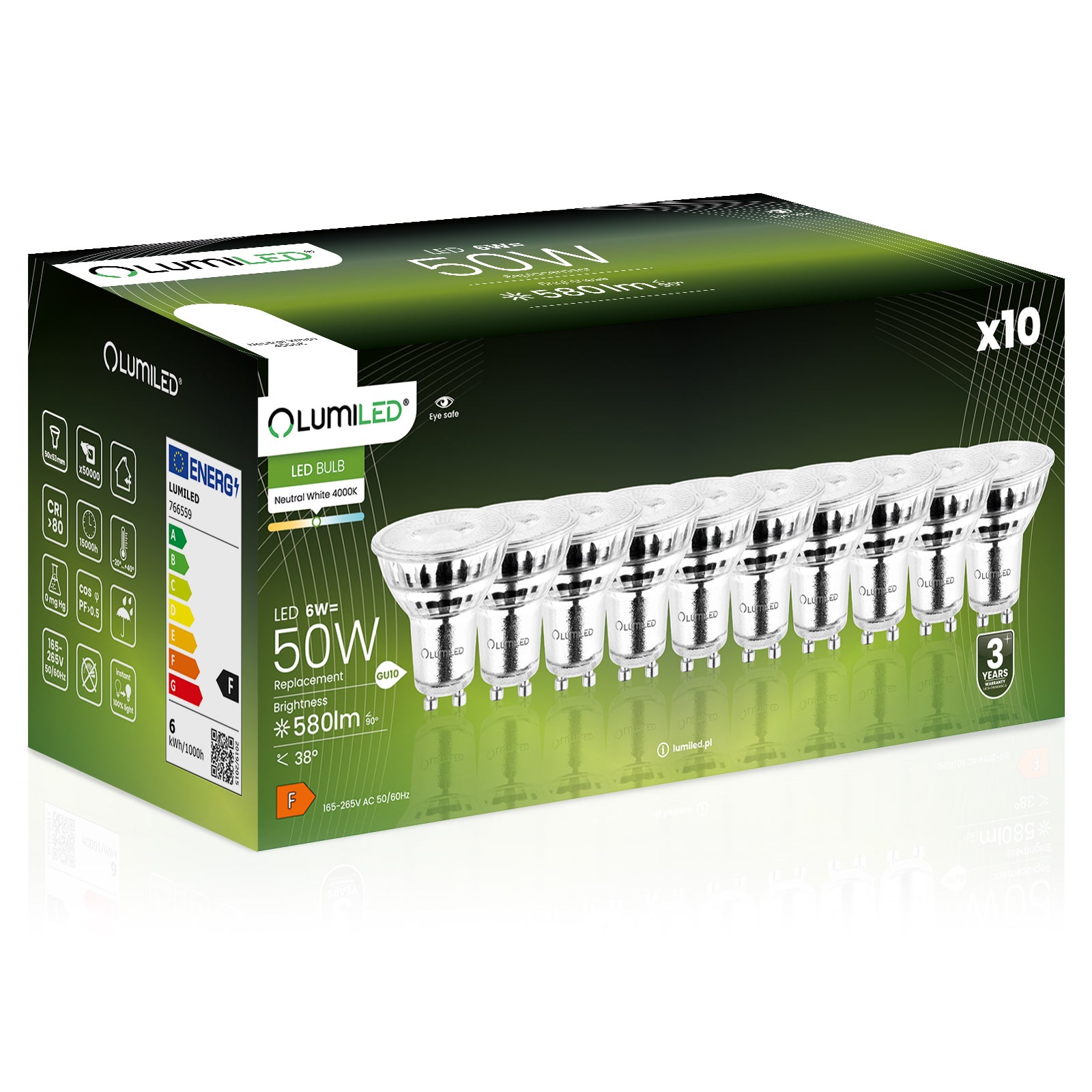 10x Żarówka Lumiled LED GU10 Reflektor PAR16 6W = 50W 580lm 4000K Neutralna 38st