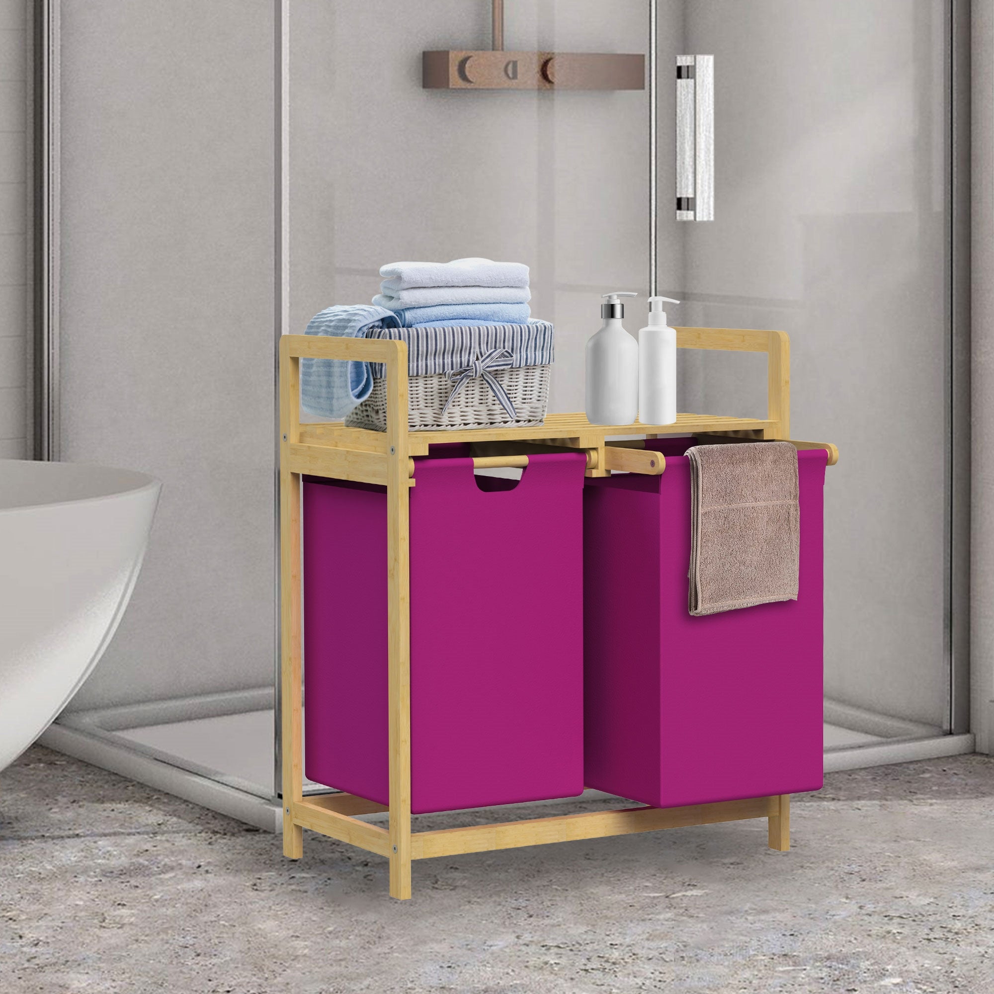 ML-Design Kosz na Pranie 2 Przegródk, Bambusowy Sortownik Prania z Pólka, Pojemnik na Bielizne 2 × 30 L, Magenta