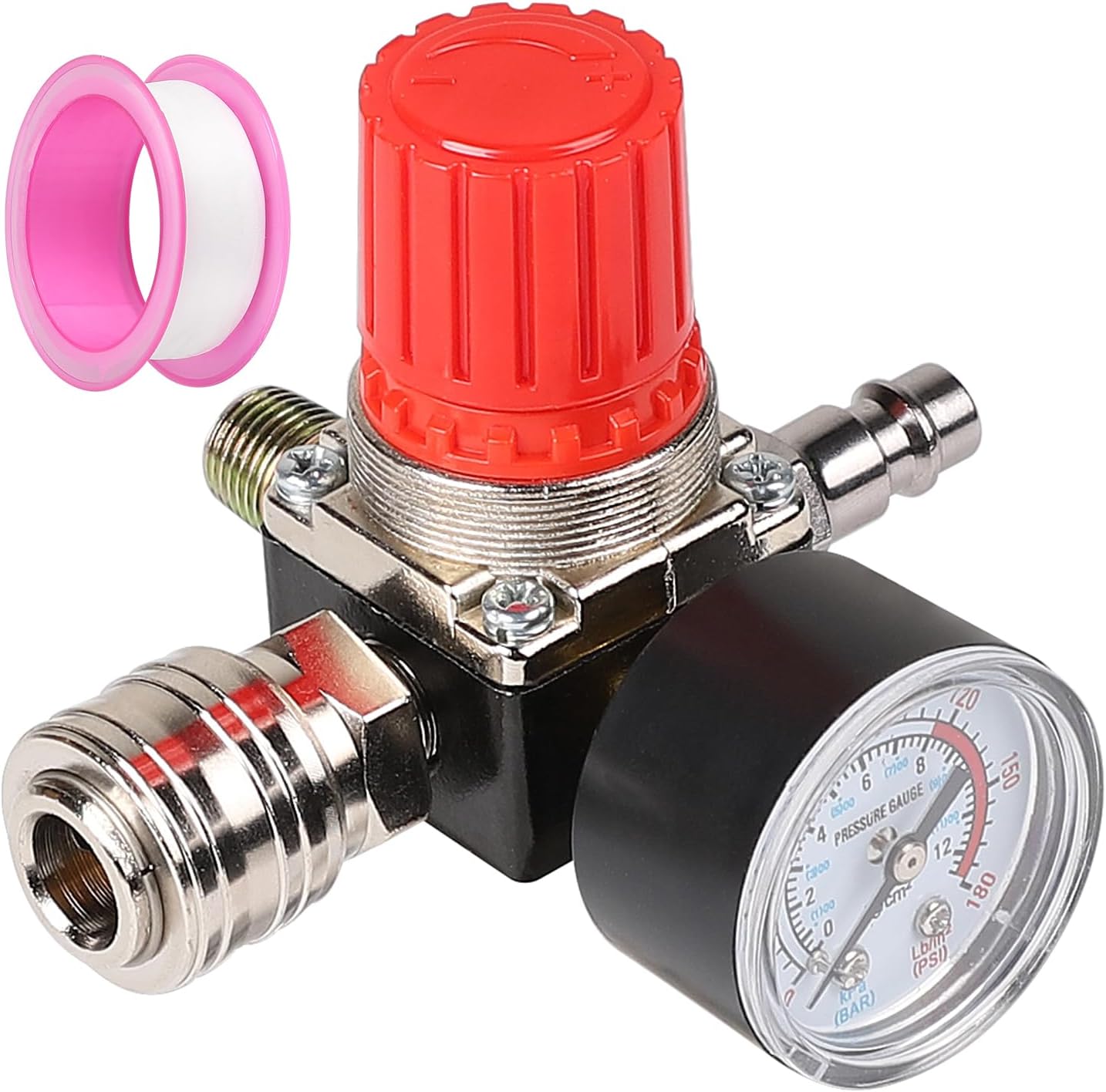 Regulator ciśnienia sprężonego powietrza 1/4" z manometrem 175 PSI 12 barów z 4 otworami, regulator pneumatyczny z opaską teflonową, zawór regula