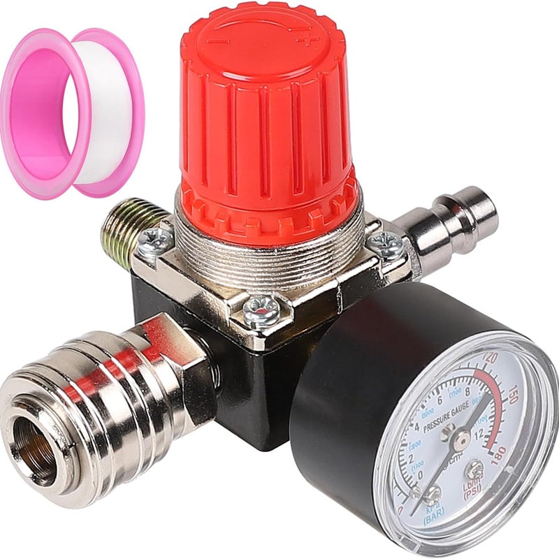 Regulator ciśnienia sprężonego powietrza 1/4" z manometrem 175 PSI 12 barów z 4 otworami, regulator pneumatyczny z opaską teflonową, zawór regula