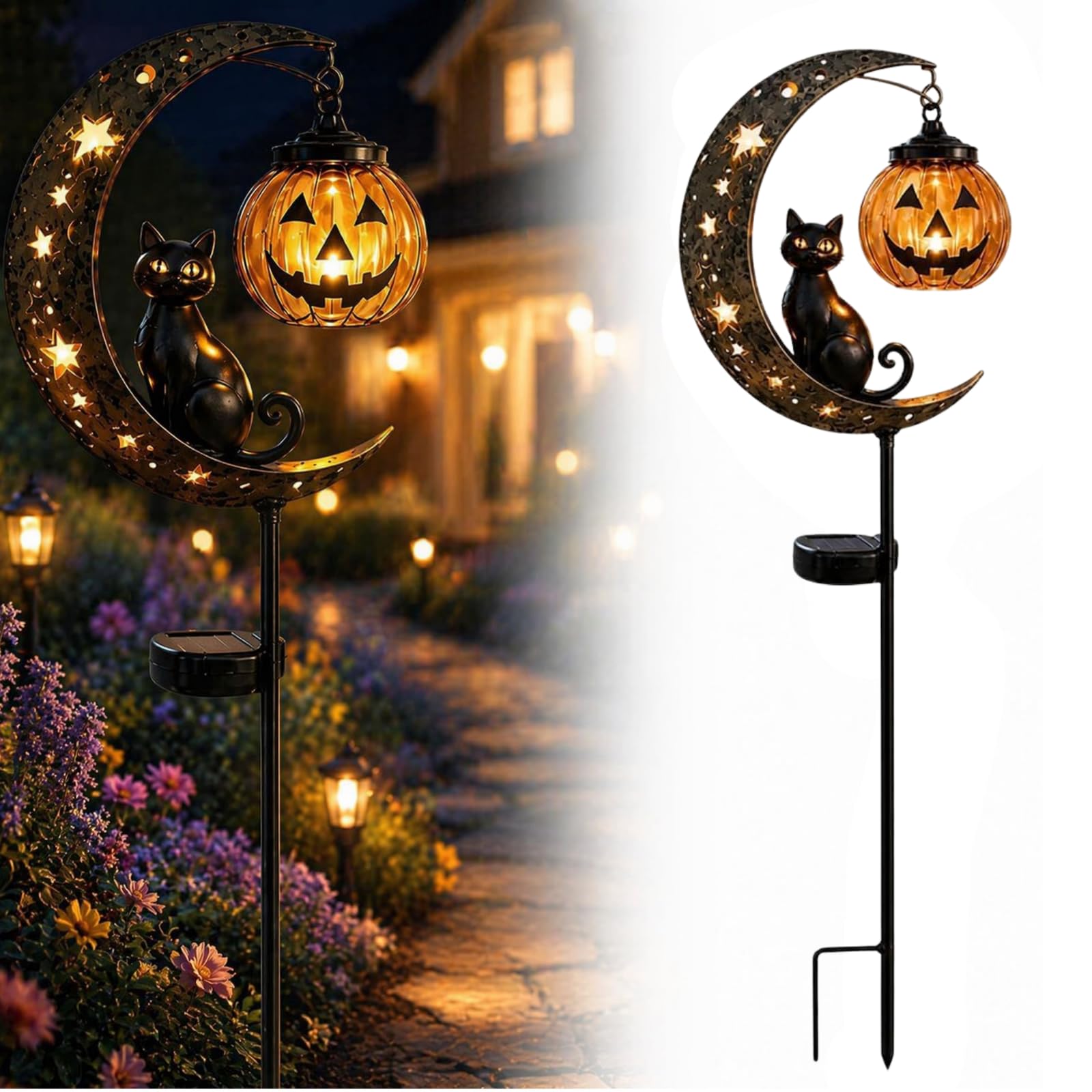 Solarna lampa ogrodowa Halloween z (czarny kot na półksiężycu, wisząca dynia), wodoodporna, zasilana słonecznie, dekoracja ścieżki, 2 sztuki
