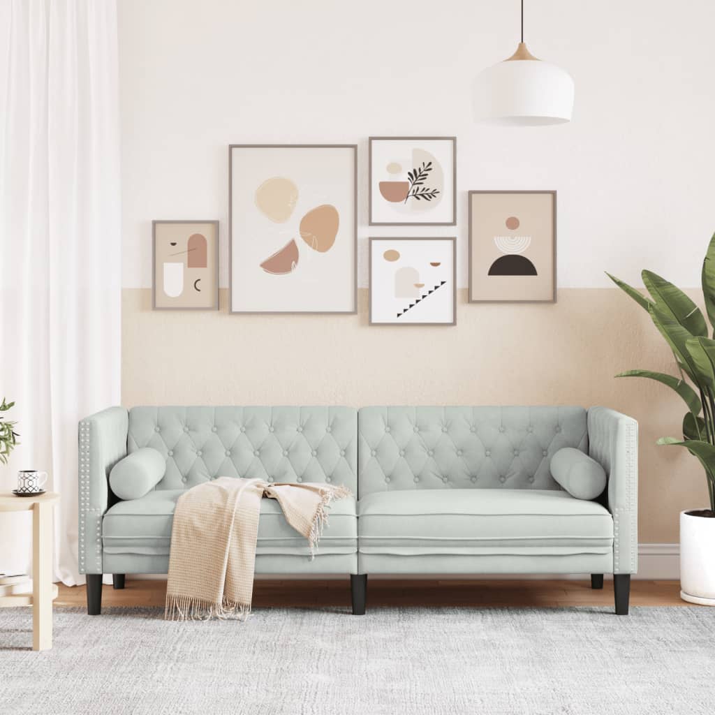 Sofa Chesterfield z wałkami, trzyosobowa, jasnoszara, aksamit