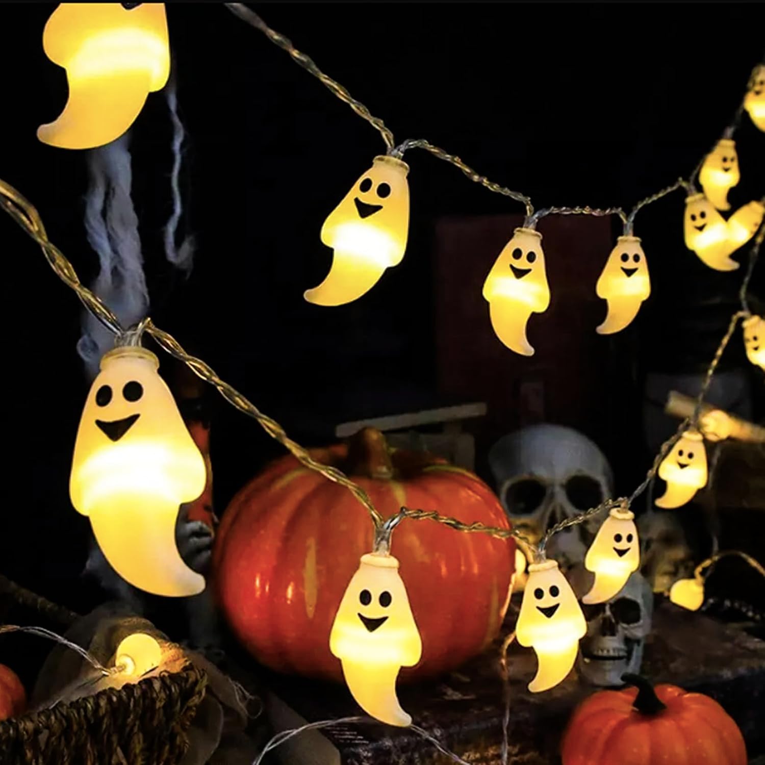 3-metrowy łańcuch świetlny na Halloween, 20 diod LED, światła ducha, zasilany bateriami, dekoracja na Wszystkich Świętych i jesień