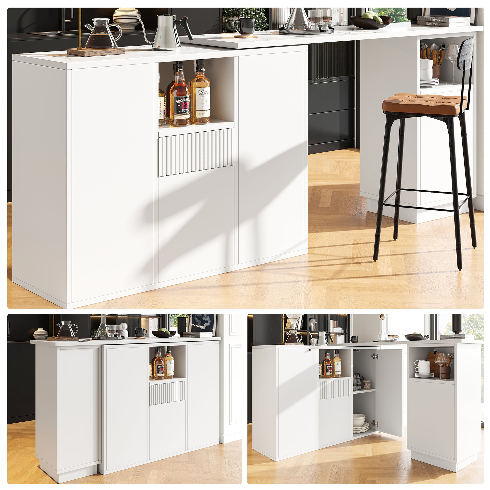 Rozkładany stół barowy z 4 drzwiami i 2 schowkami - 100/210 x 30 x 100,9 cm - MDF - do kuchni, jadalni - biały
