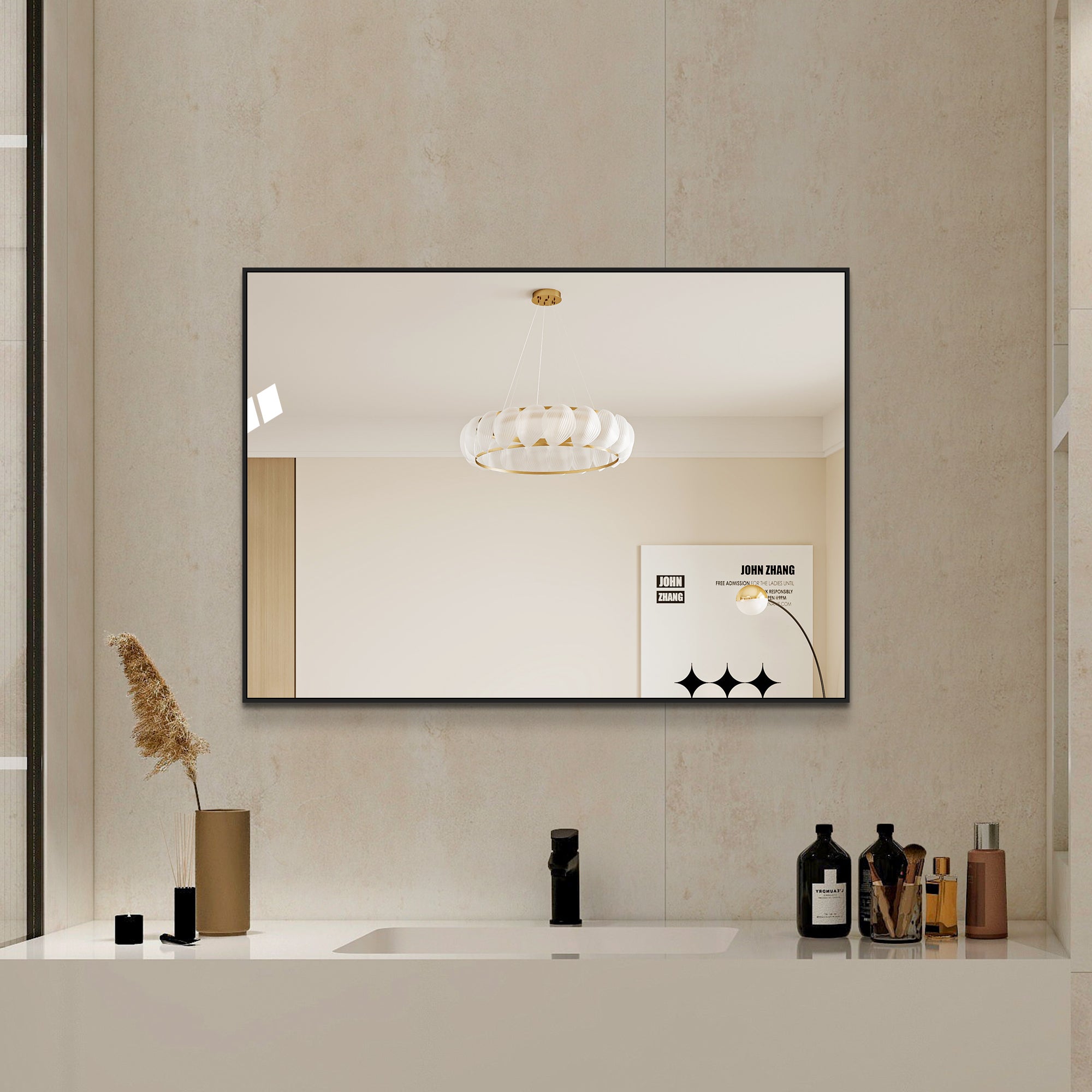 Lustro łazienkowe 50 x 70 x 1,5 cm, czarny, szkło, do łazienki, do codziennego użytkowania, funkcjonalny element wyposażenia