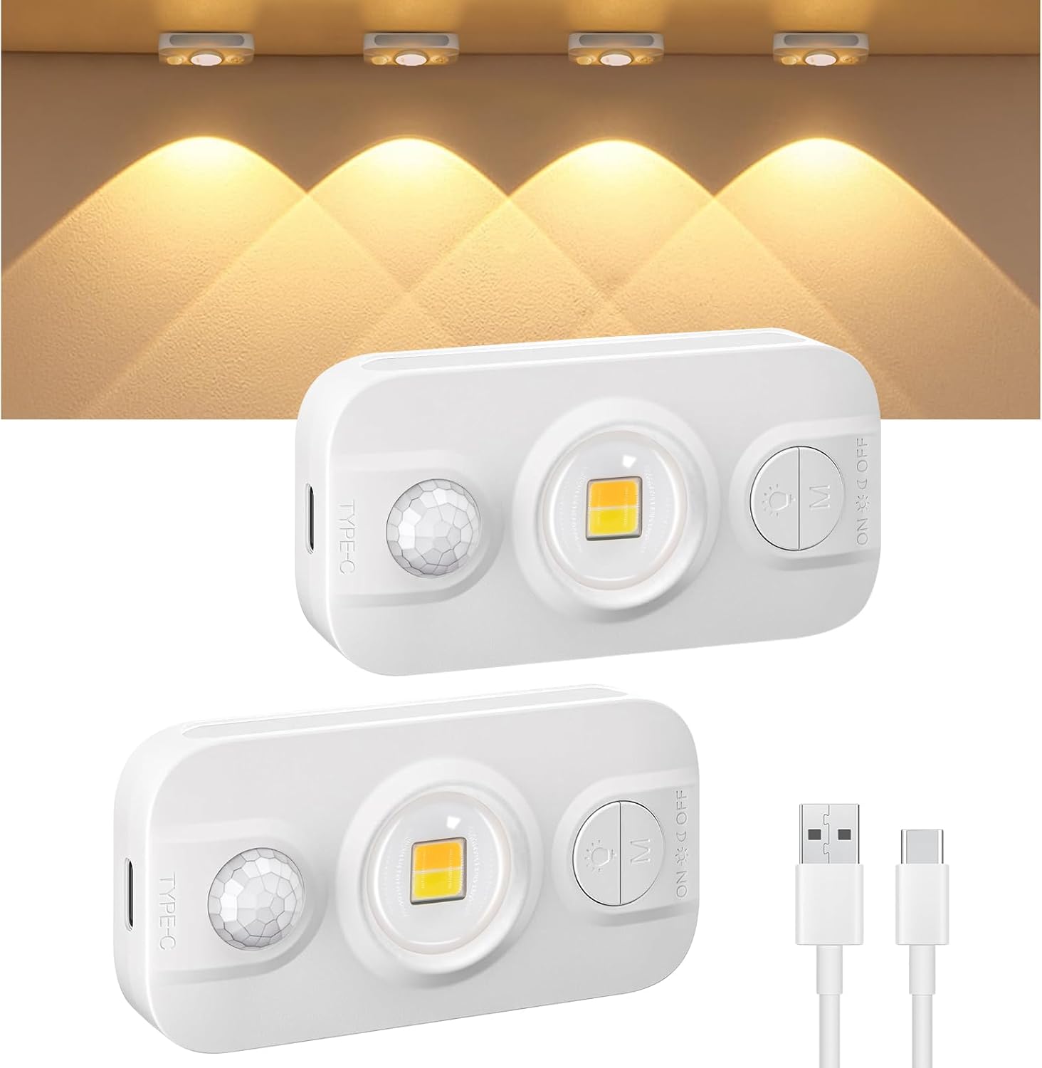Zestaw 2 mini lampek LED do montażu pod szafkami kuchennymi z czujnikiem ruchu, ładowanych przez USB-C, ciepłe białe światło LED, ściemnialne, bezprze