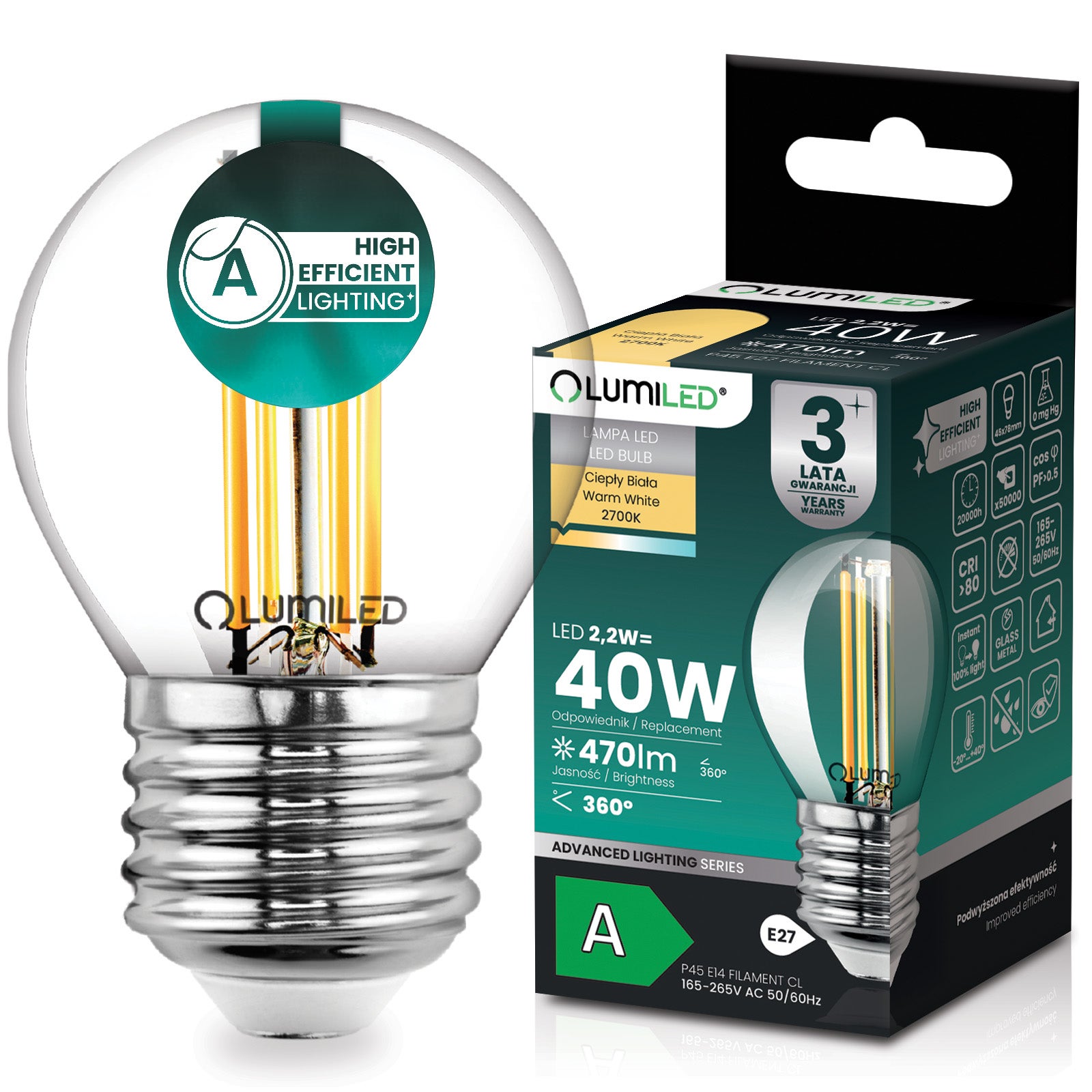Żarówka LED Lumiled E27 Kulka P45 2.2 W 470 lm 2700K Ciepła biel 360st Filament KLASA A