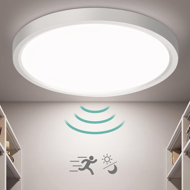 Lampa sufitowa LED z czujnikiem zmierzchu i świtu, 18 W, 1800 lm, okrągła lampa z czujnikiem ruchu, okrągła lampa sufitowa z czujnikiem ruchu do użyt
