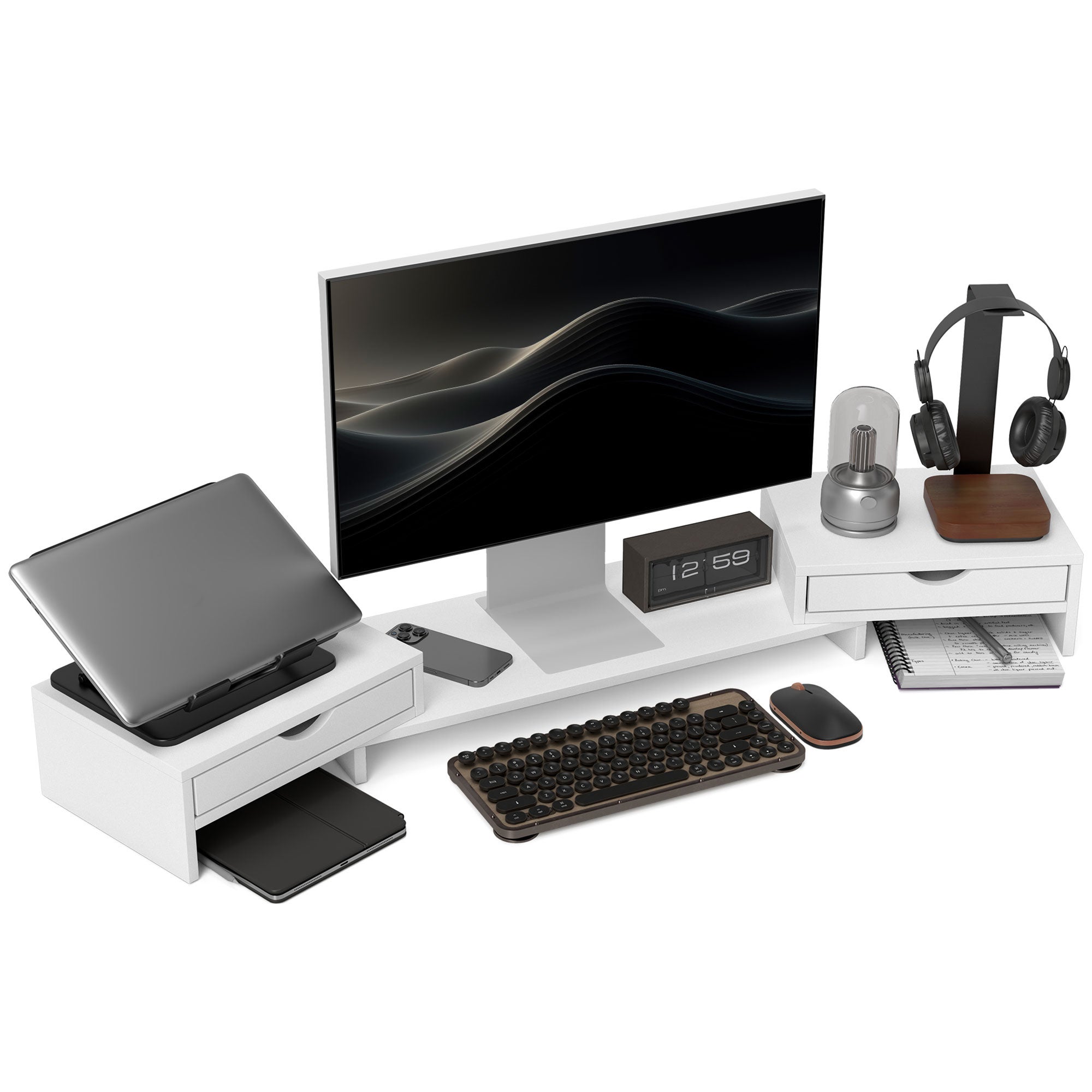 Dual monitor stojak Rjester z 2 szuflady, regulowany długość i Angle, 116cm monitor Rjester do laptop, komputerowy, PC, mały drukarka, biały