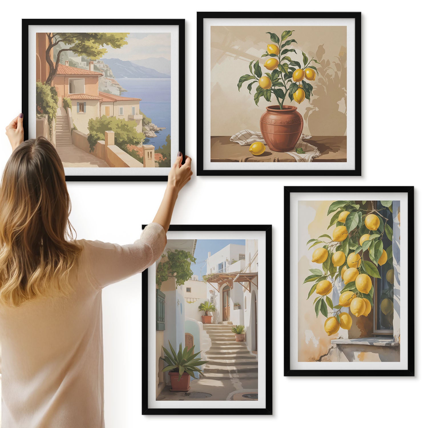 Galeria ścienna 4-częściowy komplet obrazów w czarnych ramach - Urokliwe uliczki z cytrynami i widokiem na morze - ArtPrintCave