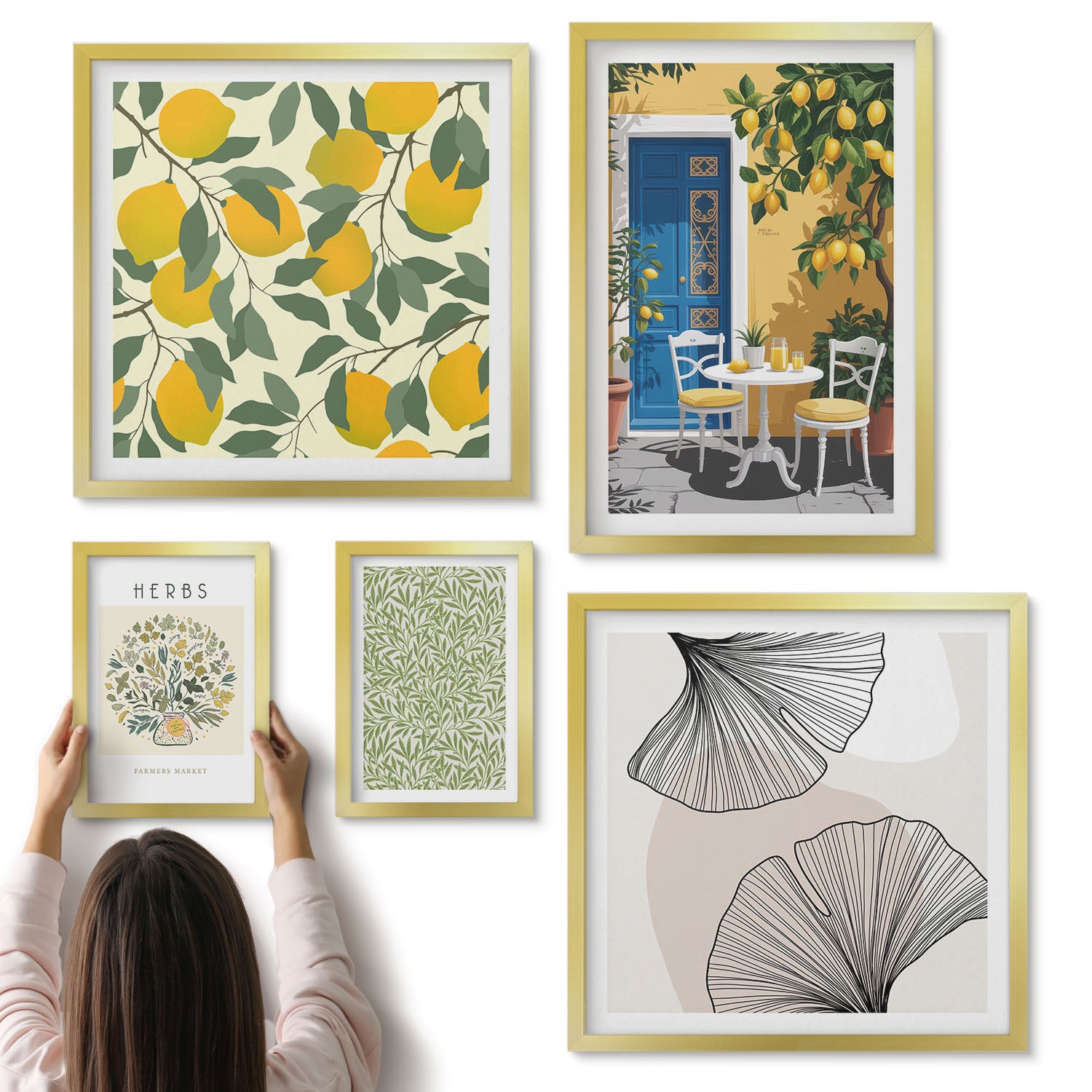 Galeria ścienna 5-częściowy komplet obrazów w złotych ramach - Stylowe akcenty w motywach roślinnych i owocowych - ArtPrintCave