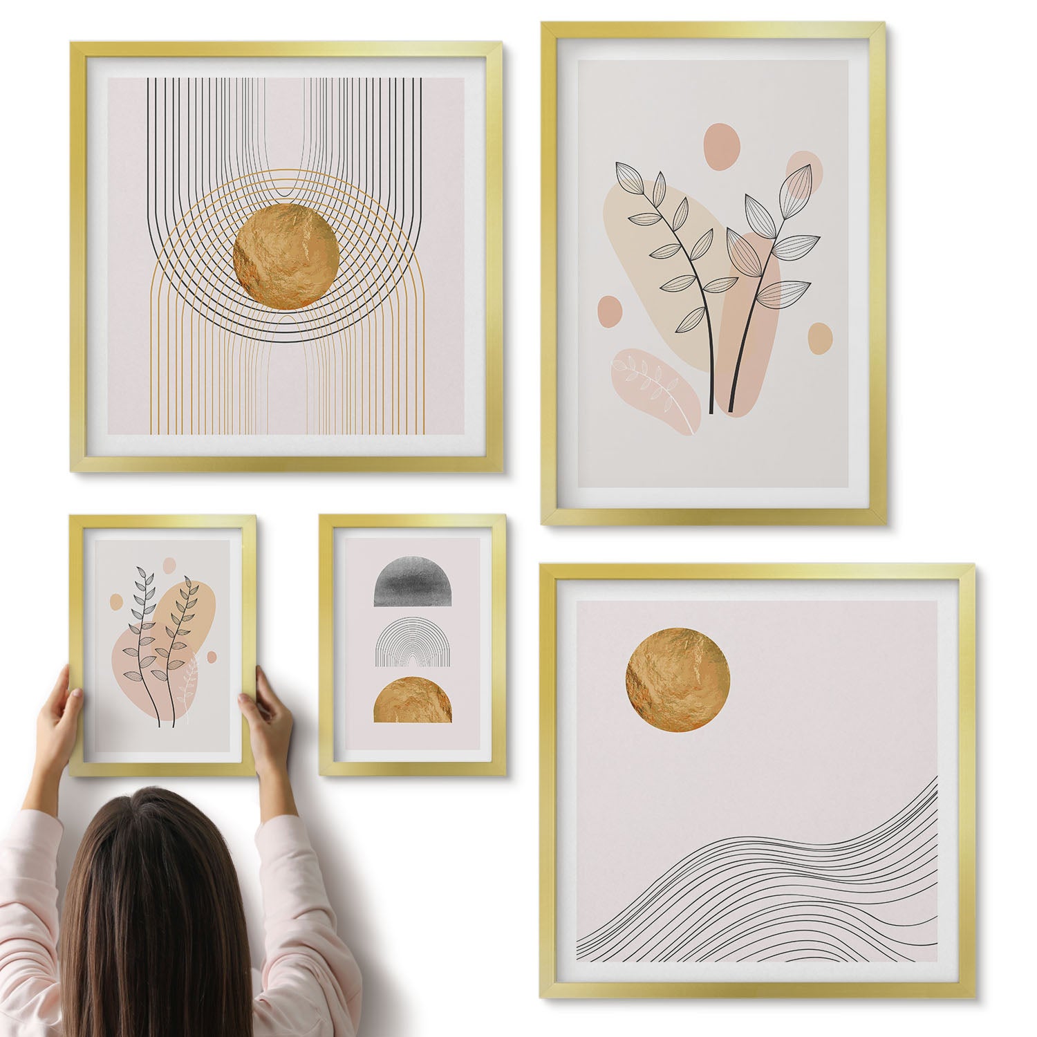 Galeria ścienna 5-częściowy komplet obrazów w złotych ramach - Stylowe dekoracje w minimalistycznym designie z roślinami - ArtPrintCave