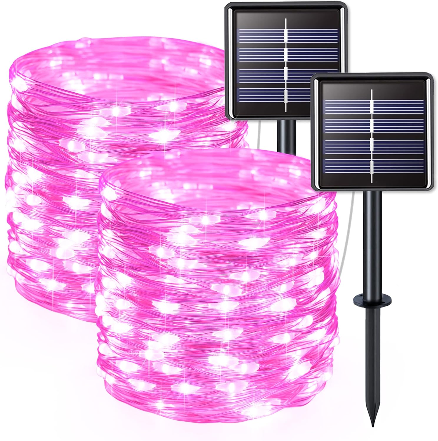 Zestaw 2 lampek solarnych do użytku na zewnątrz, drut miedziany, wodoodporny, 42 metry na lampkę, 400 diod LED (różowe światło)