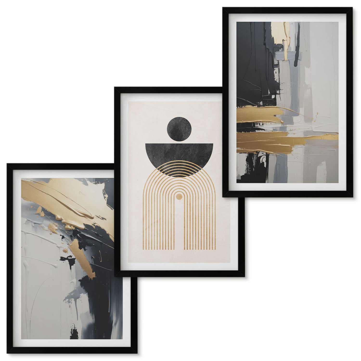 Zestaw obrazów w ramie - 3 części | Geometria abstrakcja elegancka kompozycja | Czarna ramka