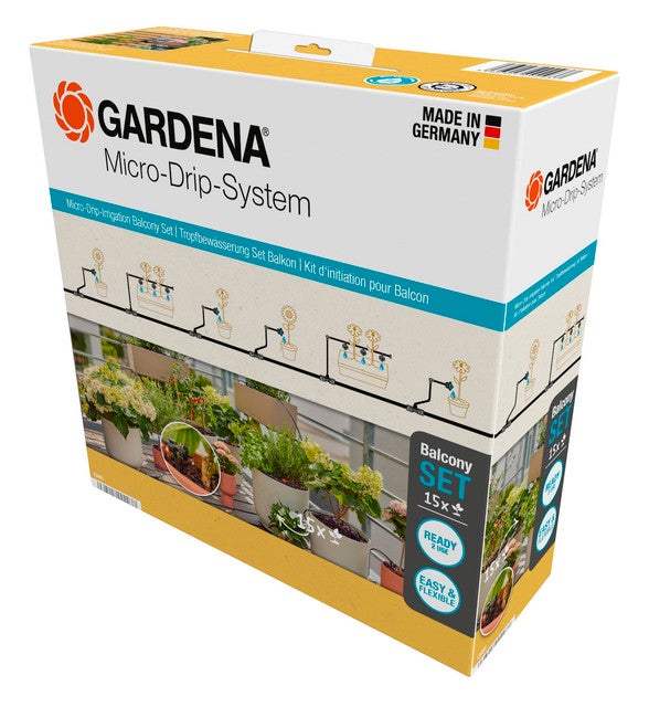 Zestaw startowy GARDENA na balkon – do 15 doniczek. Nawadnianie kropelkowe. System Micro-Drip. (13401-20)
