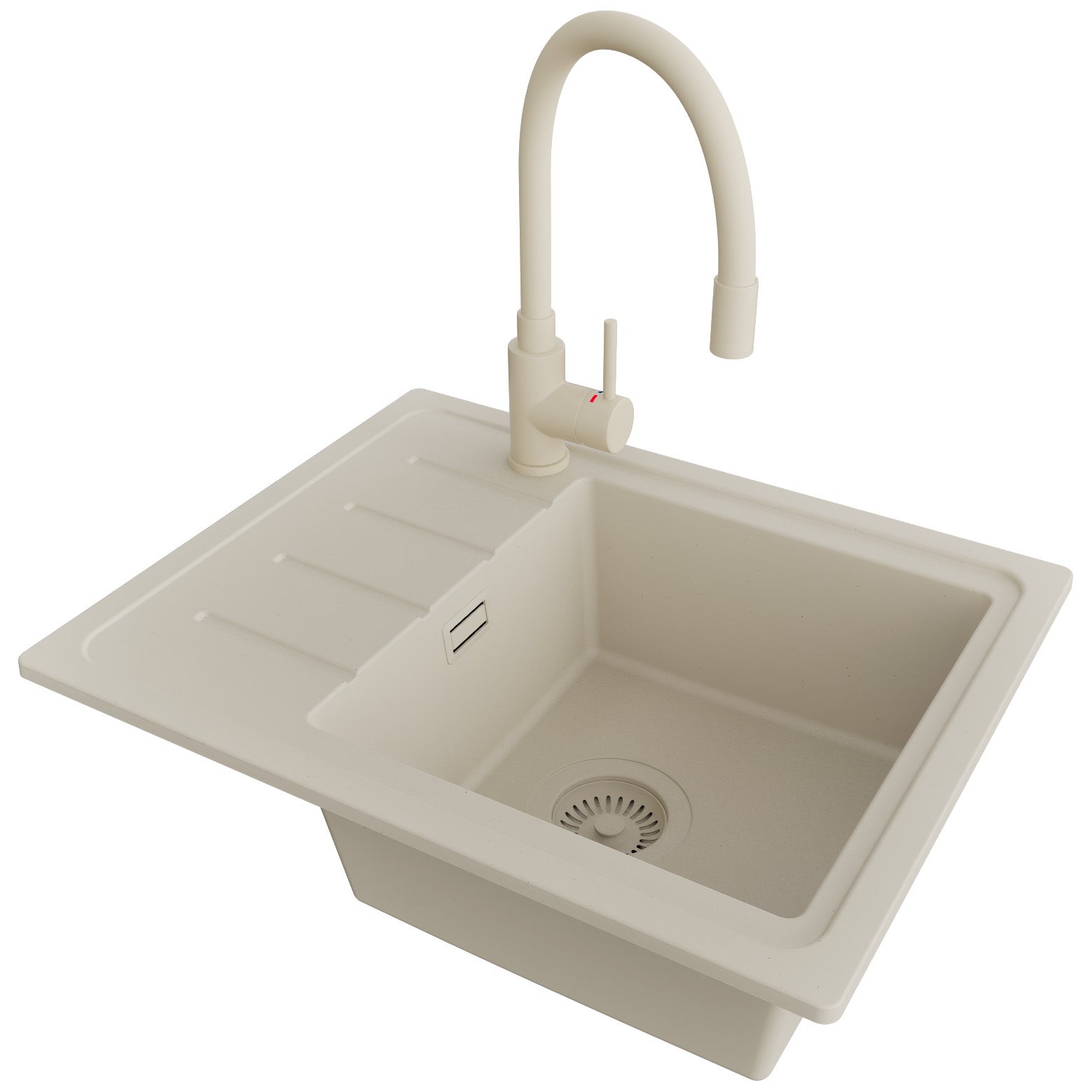 Zlewozmywak Granitowy Beżowy 55x44cm, Zlew Kuchenny 1 Komorowy + Bateria 38x14cm + Syfon, Nablatowy do szafki od 45cm - Kopenhaga Easy PRIMAGRAN
