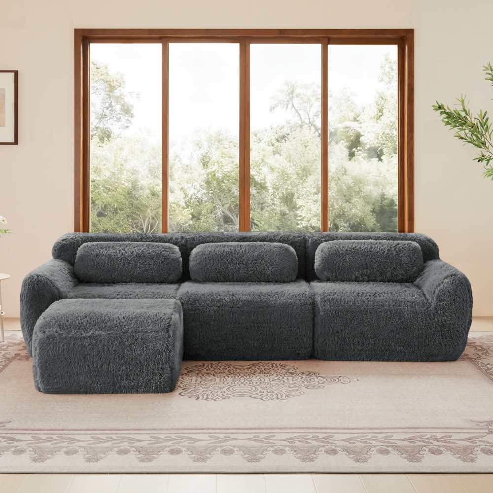 Modułowa sofa w kształcie litery L z ultramiękkiego pluszu, głęboka i bezramowa, z poduszkami, wygodna do salonu i sypialni