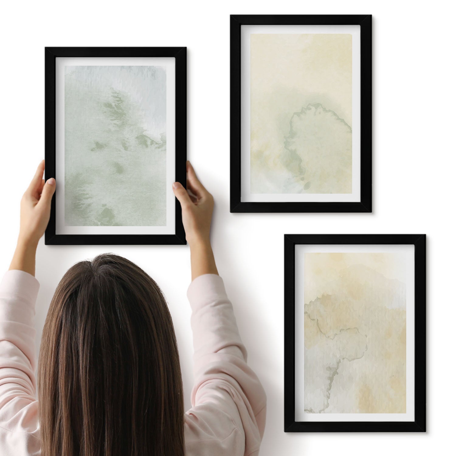 Galeria ścienna 3-częściowy komplet obrazów w czarnych ramach - Pastelolwe akwarele na płótnie tekstury farb - ArtPrintCave