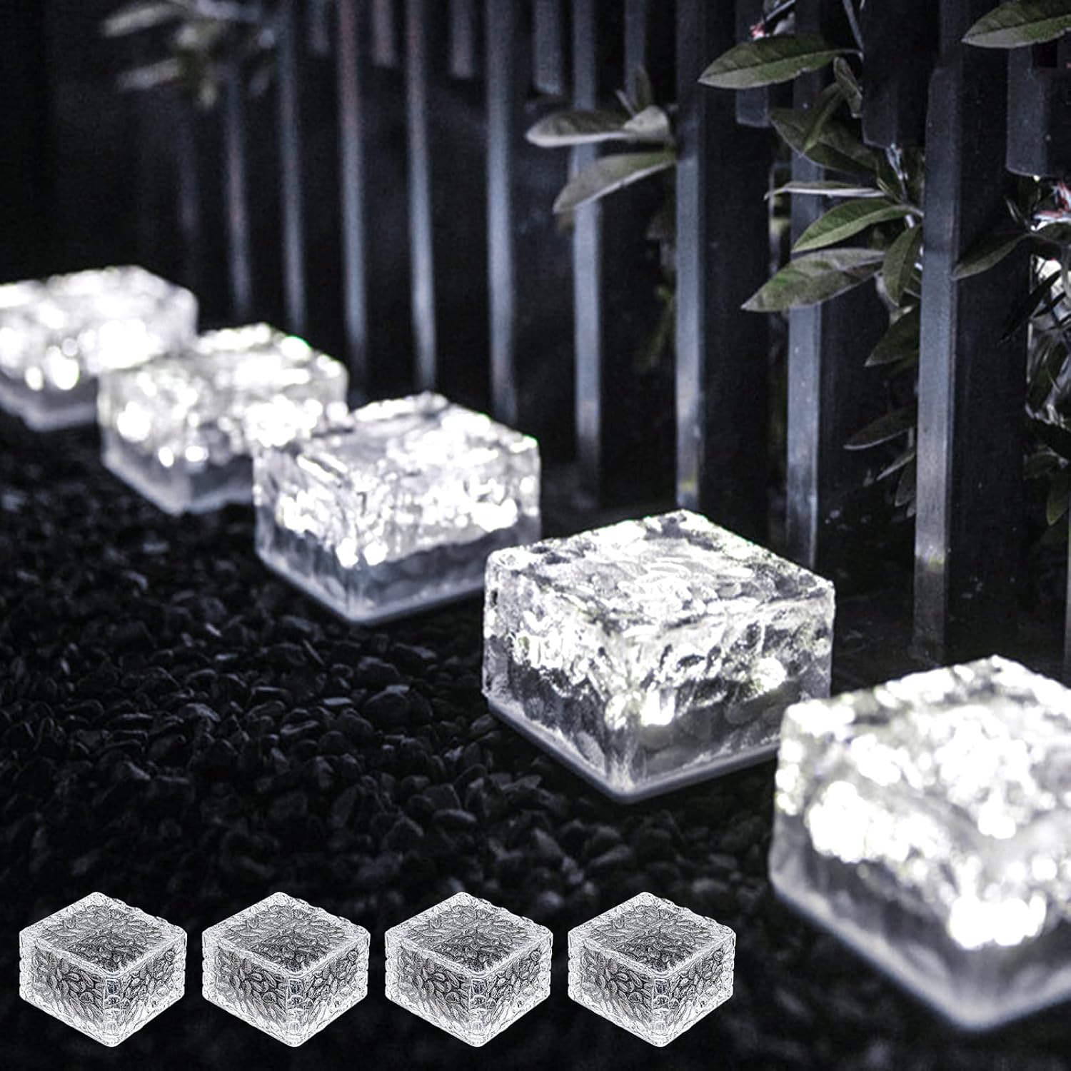 4 sztuki lamp solarnych do ścieżek z cegły, oświetlenie solarne do kostki brukowej ze szkła, solarne lampy w kształcie kostek lodu, wodoodporna