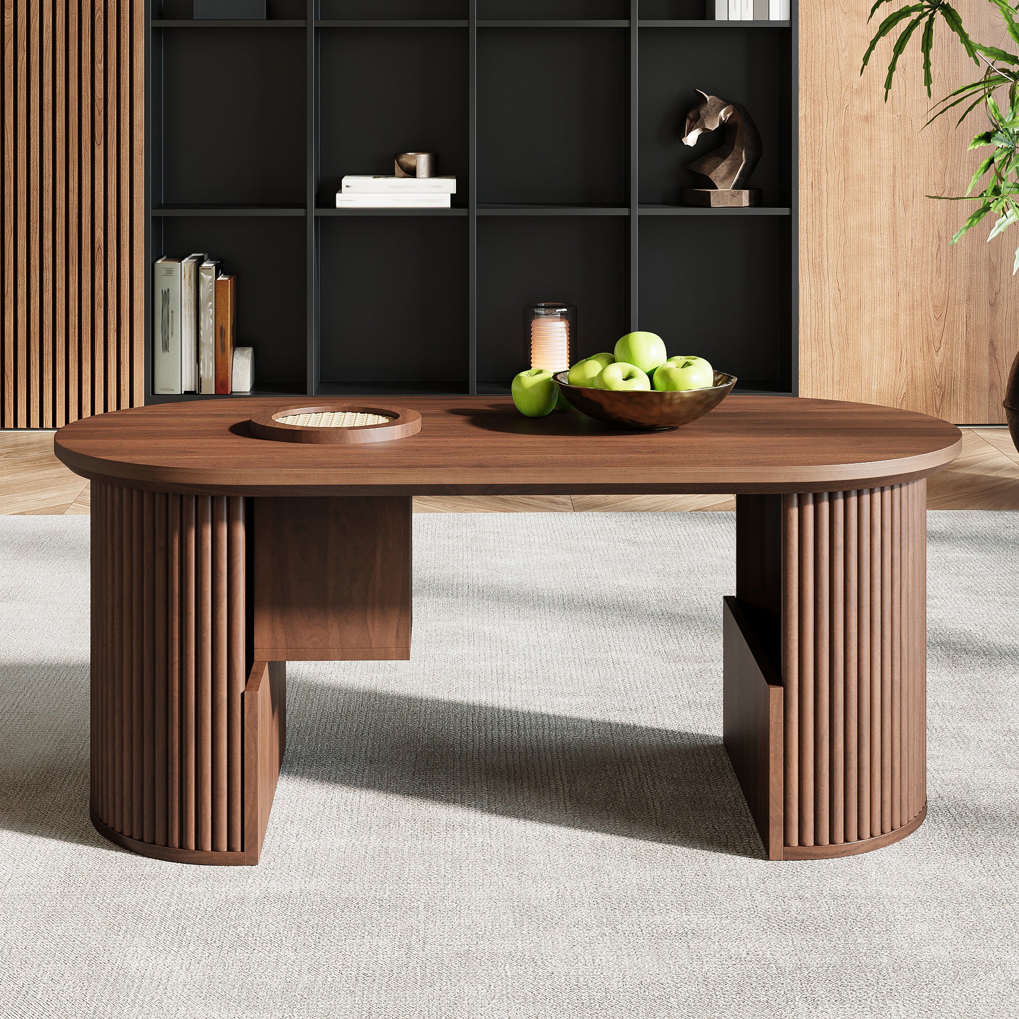Stolik kawowy owalny 105x50x46,5 cm - Styl retro - Otwarte miejsce do przechowywania - MDF - Brązowy