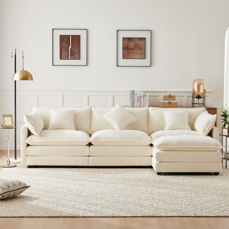 Narożnik 3-osobowy z podnóżkiem - 283 x 147 x 84 cm - Tkanina szenilowa - Beżowy