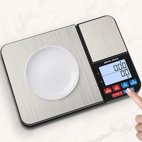Cyfrowa waga kuchenna z podwójną platformą 10kg/1g & 500g/0.01g Wysoka precyzja 7 jednostek Tara PCS Baterie w zestawie
