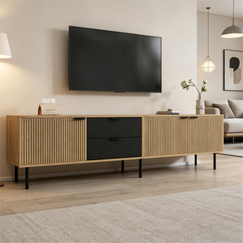 Nowoczesna szafka pod telewizor 208x40x48 cm - 3 drzwi i 2 szuflady - Z miejscem do przechowywania - Naturalny + Czarny