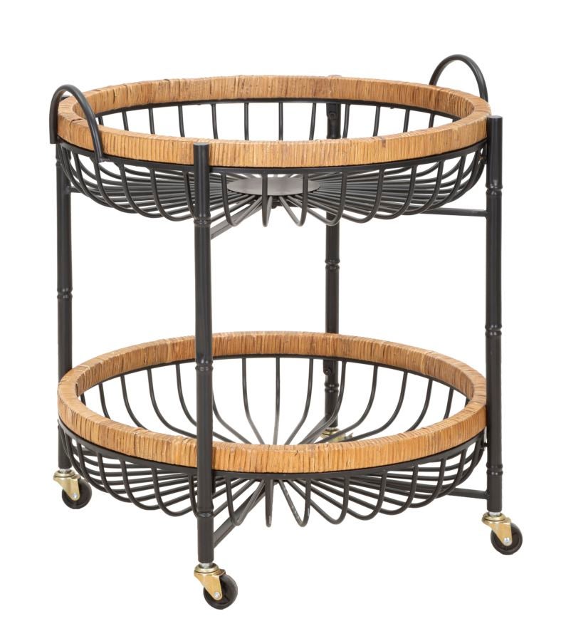 Wózek Cebu 57x55,5x62,5 cm z czarnego metalu i rattanu z 2 półkami i kółkami – styl boho chic, uniwersalny i praktyczny wystrój wnętrz