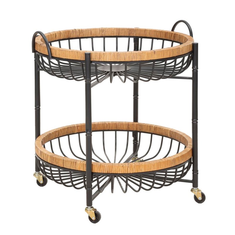 Wózek Cebu 57x55,5x62,5 cm z czarnego metalu i rattanu z 2 półkami i kółkami – styl boho chic, uniwersalny i praktyczny wystrój wnętrz
