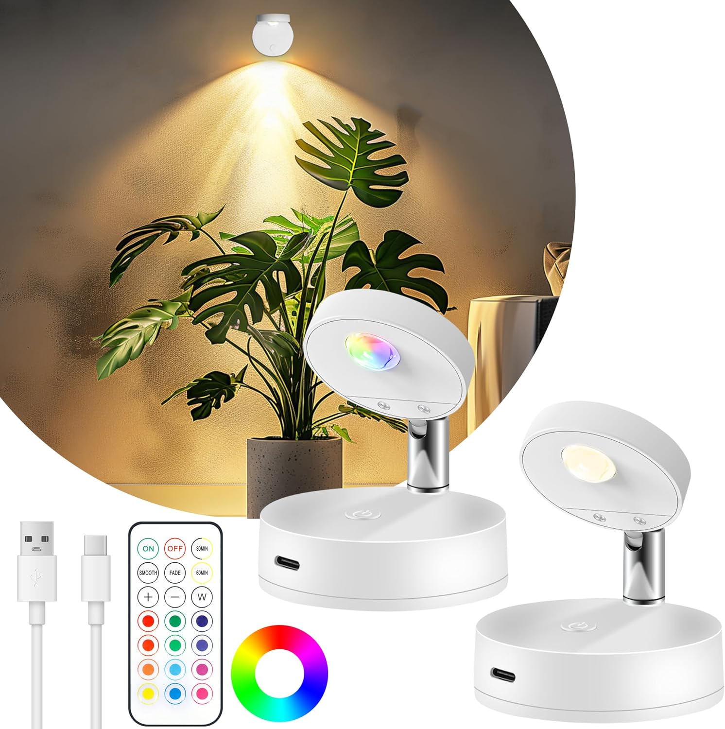 Zestaw 2 akumulatorowych reflektorków LED do użytku wewnątrz pomieszczeń, bezprzewodowe oświetlenie RGB z pilotem, zasilane bateryjnie magnetyczne lam