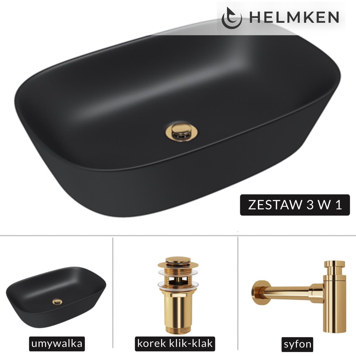 Umywalka nablatowa Helmken 39360001 (60x38) Czarna + Syfon Złoty + Korek klik-klak Złoty
