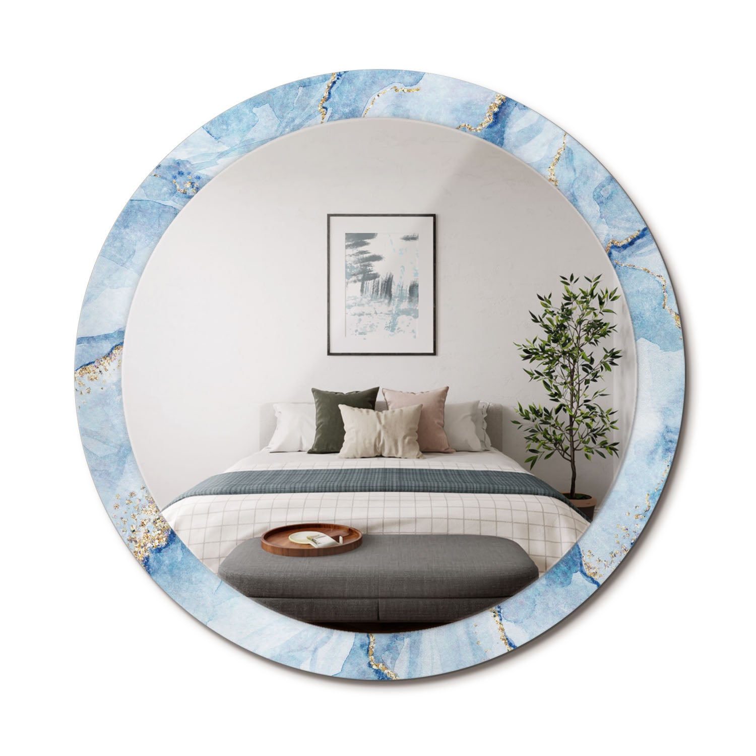 Okrągłe lustro do wnętrz z elegancką ramą szklaną i trwałym nadrukiem Błękitny marmur - 90 cm - ArtPrintCave