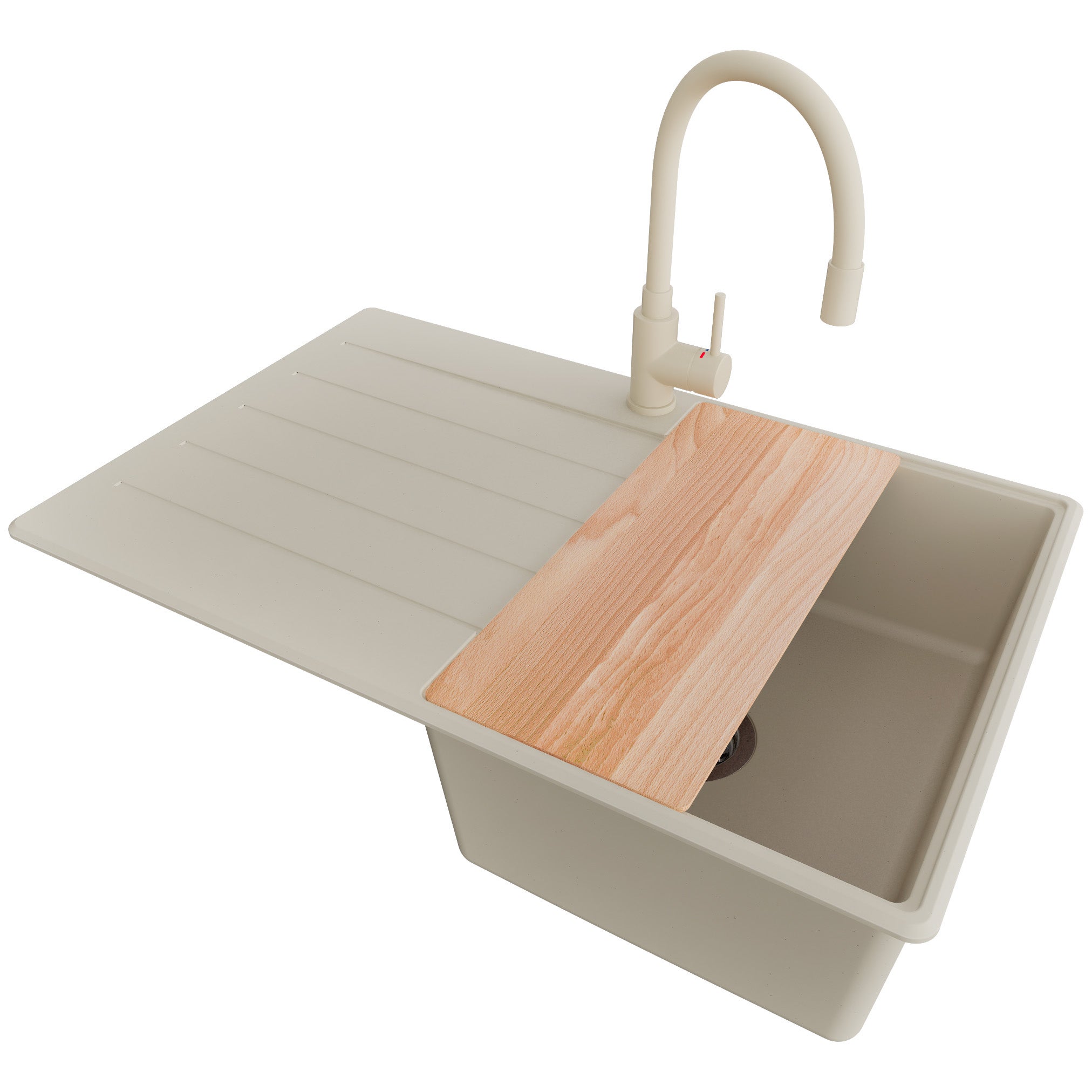 Zlewozmywak Granitowy Beżowy 78x50cm, Zlew Kuchenny 1 Komorowy + Bateria 38x14cm + Syfon + Deska, Nablatowy do szafki od 45cm - Kopenhaga PRIMAGRAN