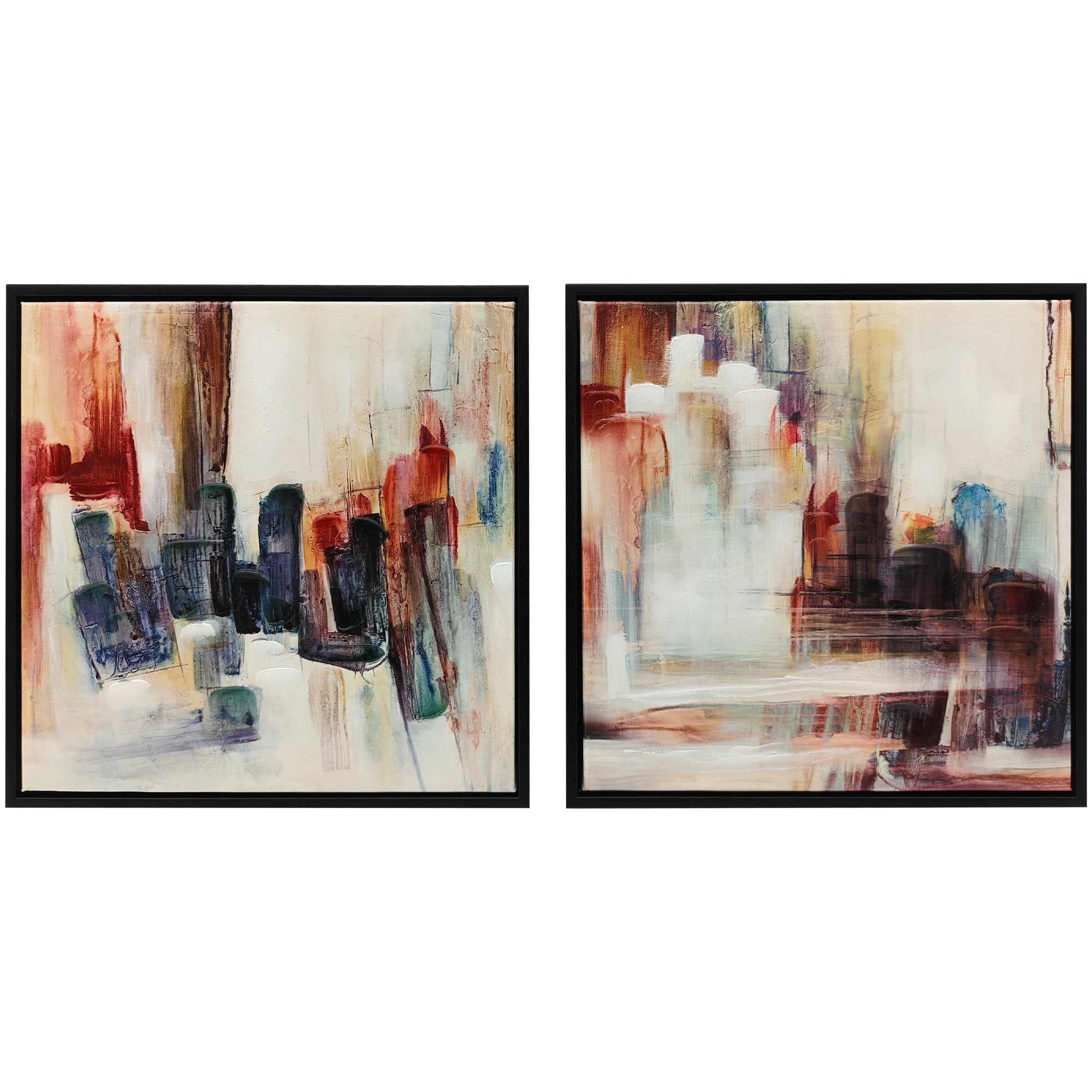 Abstrakcyjne płótna malowane ręcznie, 40 x 40 cm, 2 sztuki w ramach, bogata faktura, wielokolorowe