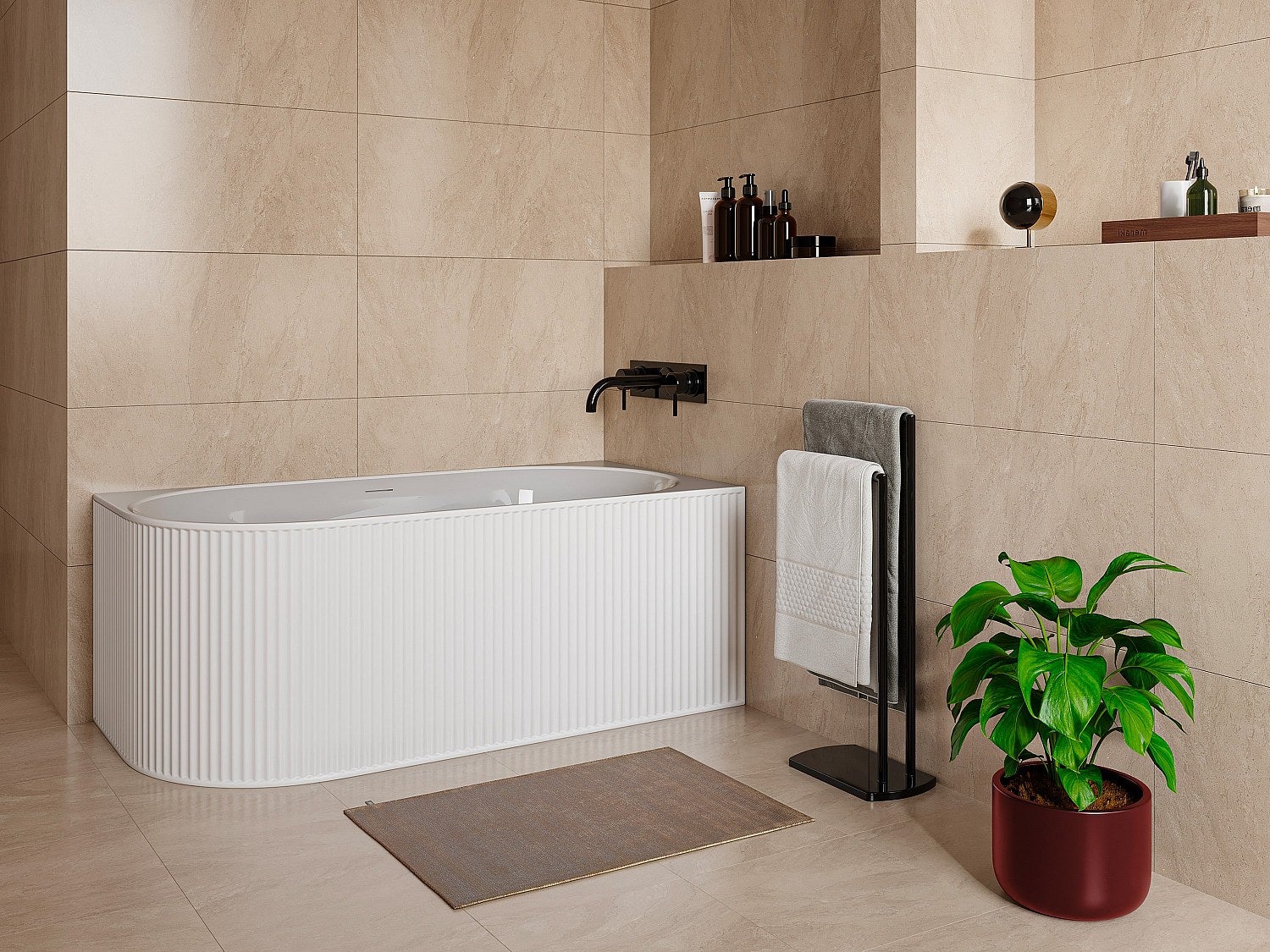 Wanna narożna ryflowana - 240 l - 170 x 80 x 60 cm - Biały mat - Akryl - Prawostronna - BARBORI