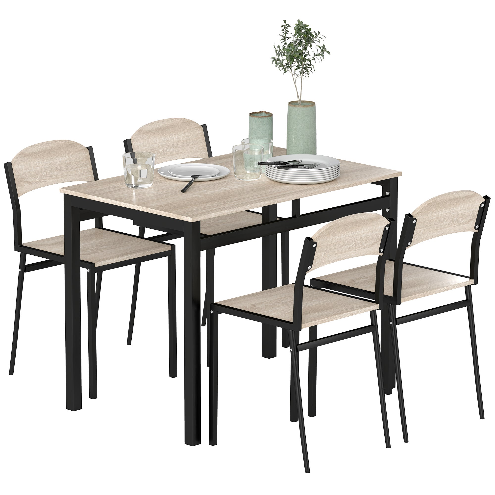 5-element jadalniany zestaw z 4 MDF blat krzesła, dąb drewno finish, czarny metalowa rama