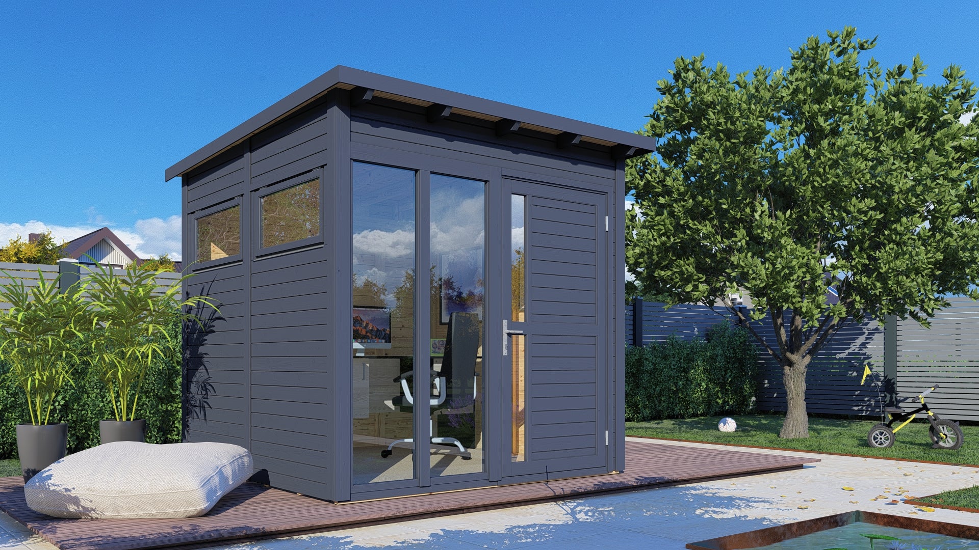 Drewniany domek ogrodowy BERTILO 19 mm Pentus 2 Office z podłogą 5,1 m² antracytowy