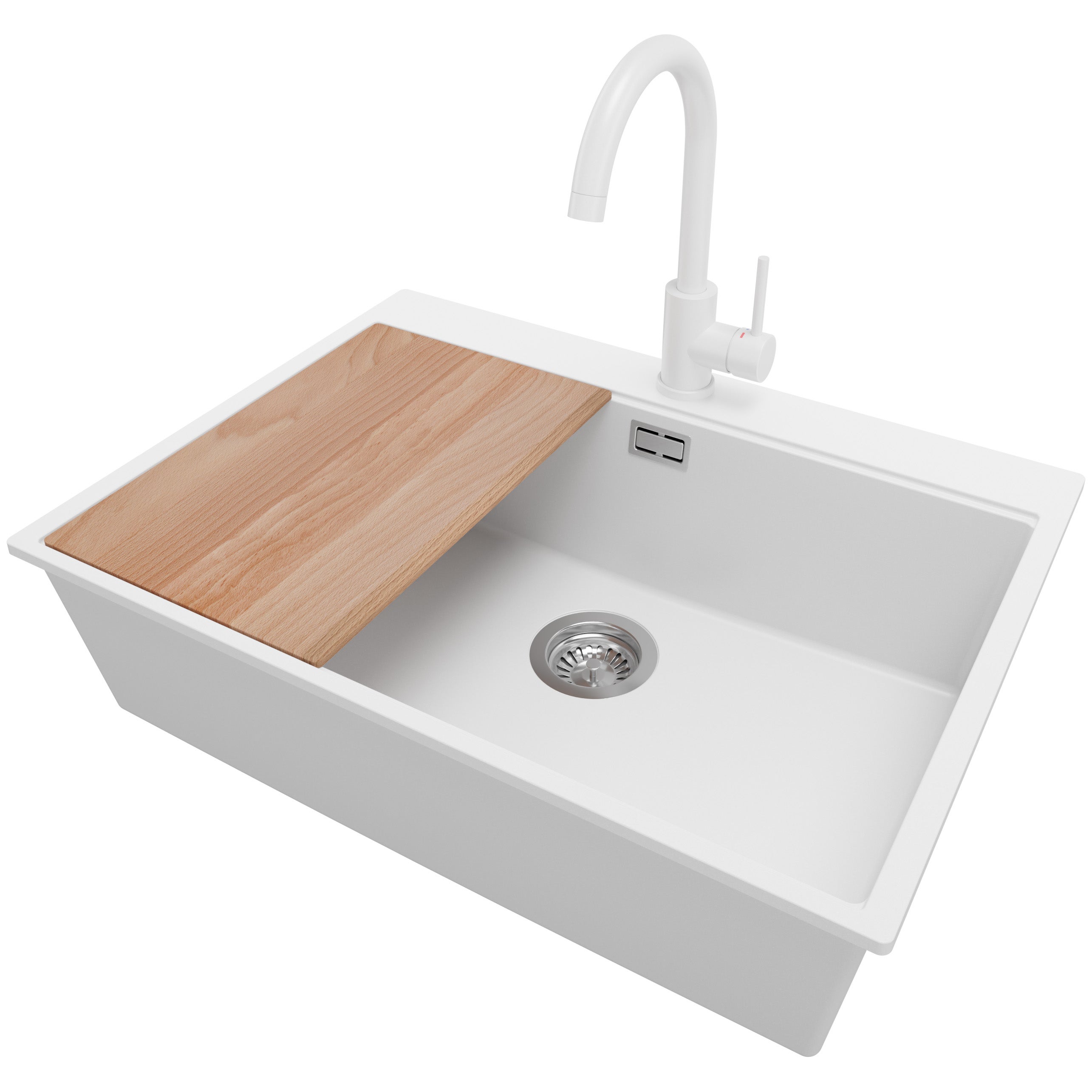 Zlewozmywak Granitowy Biały 68x50cm, Zlew Kuchenny 1 Komorowy + Bateria 32x20cm + Syfon + Deska, Nablatowy do szafki od 70cm - Oslo PRIMAGRAN