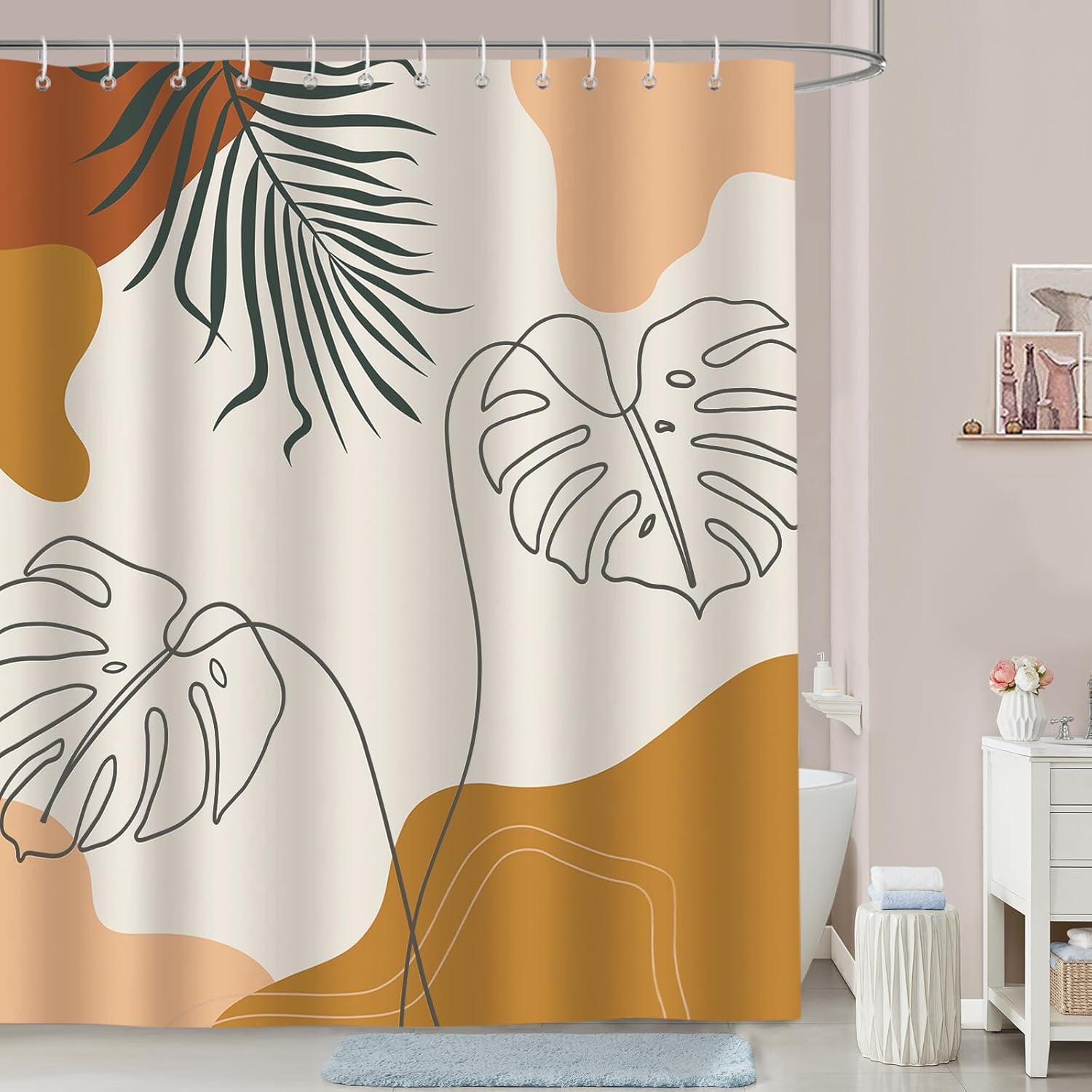 (180 x 180 cm z 12 haczykami) Zasłona prysznicowa w stylu mid-century modern w stylu boho z abstrakcyjnym wzorem liści, odporna na pleśń, wodoodporna
