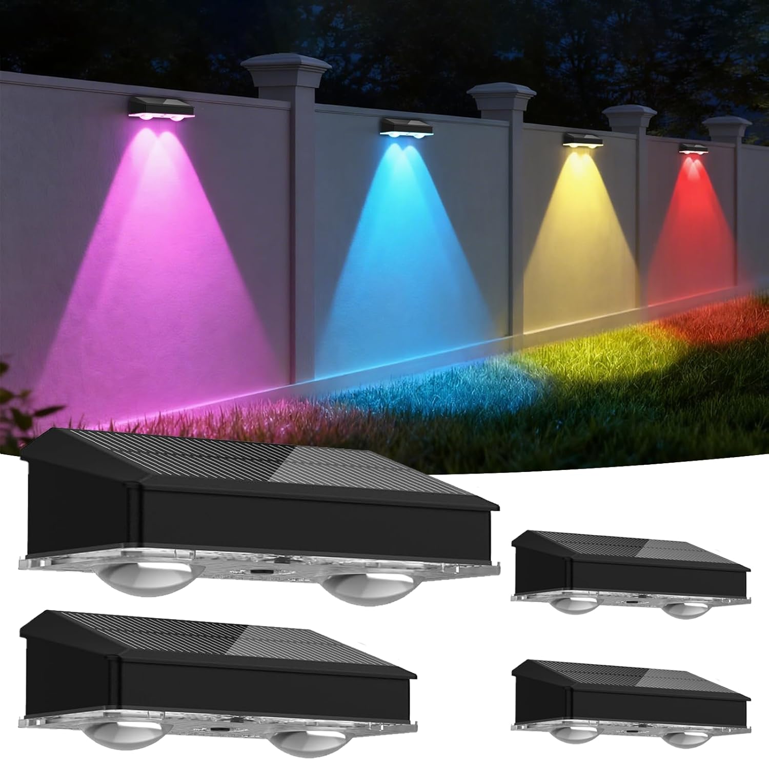 Zewnętrzne lampy solarne do ogrodu (zestaw 4 szt.), wodoodporne lampy solarne do ogrodu IP65 z 9 trybami RGB, z mocną soczewką LED do ogrodzeń i taras