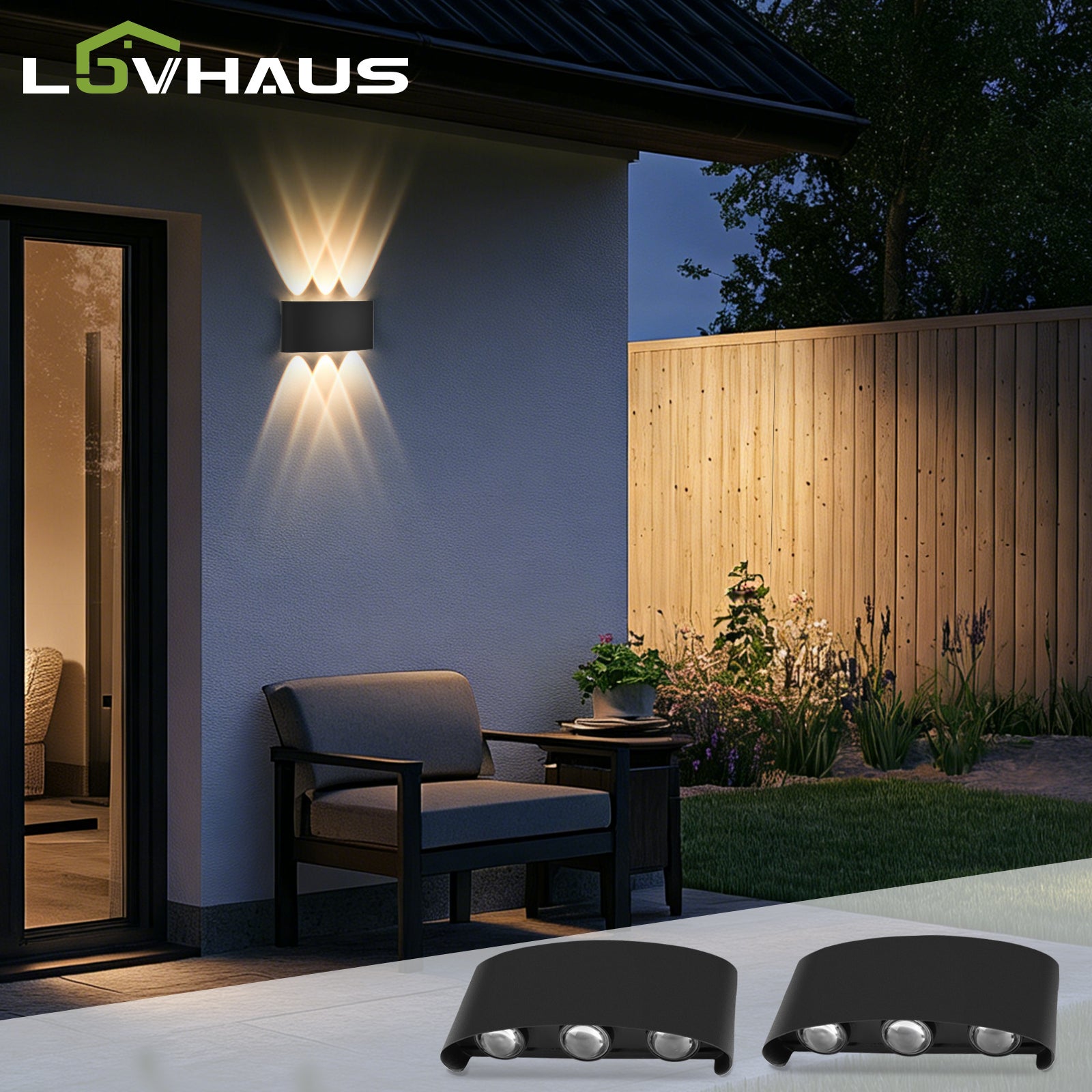 Kinkiet LED do wnętrz/na zewnątrz z podłączeniem elektrycznym, Lampa łazienkowa, Czarny, Aluminium, IP65, 480LM, 3000K, Zestaw 2 szt., LOVHAUS