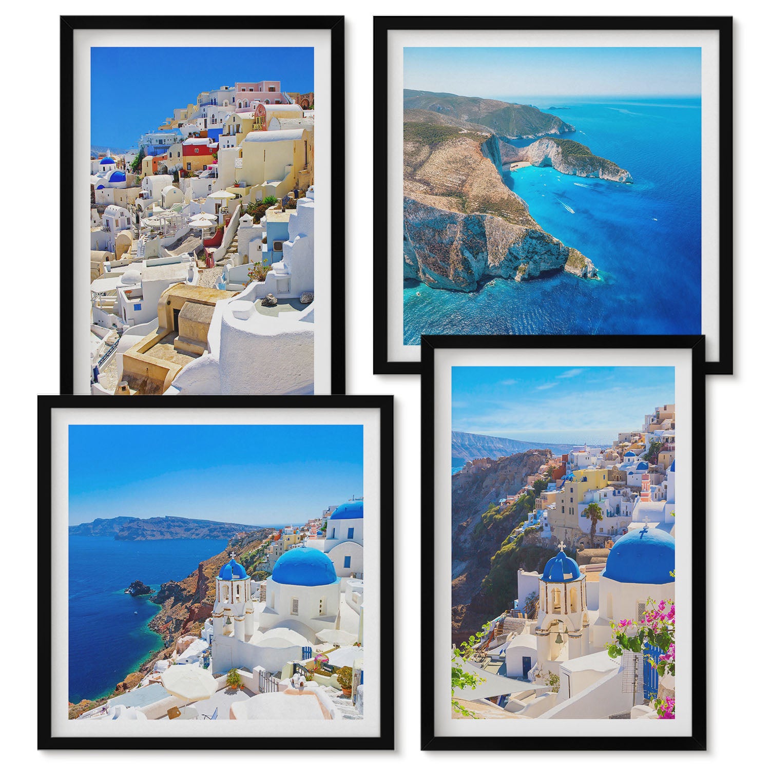 Zestaw obrazów w ramie - 4 części | Krajobraz architektury widoki miasta Oia Santorini Grecja | Czarna ramka