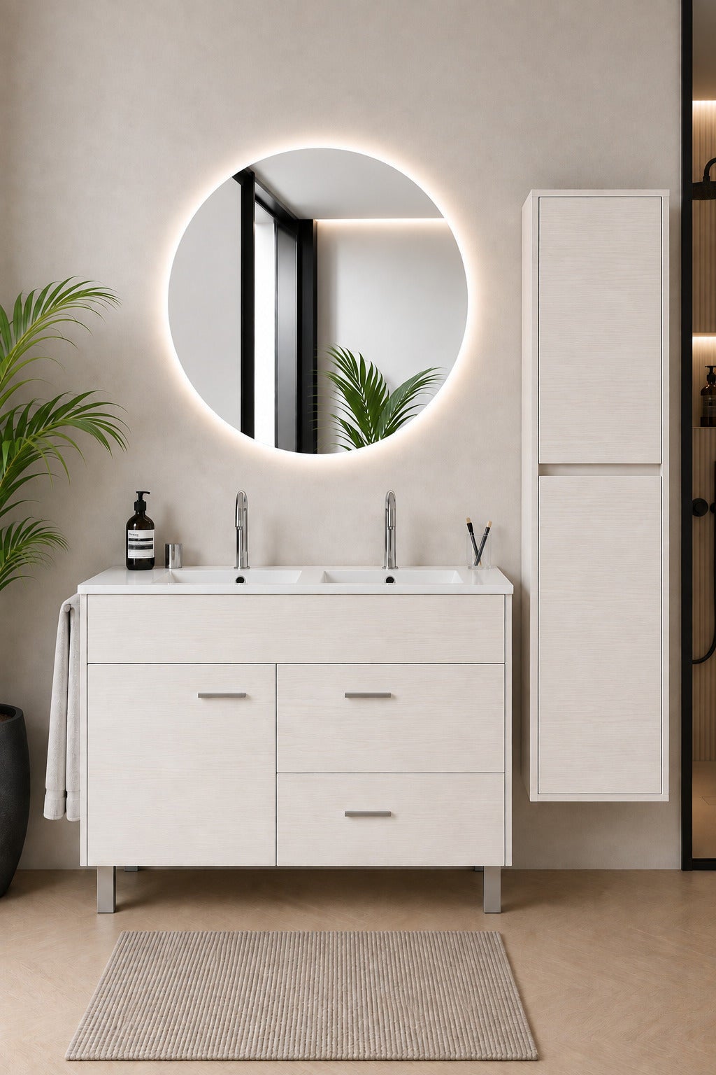 Szafka łazienkowa z umywalką ORIGENBATH SAMOS bez lustra 120x45 cm podwójna umywalka biały nordycki z kolumną