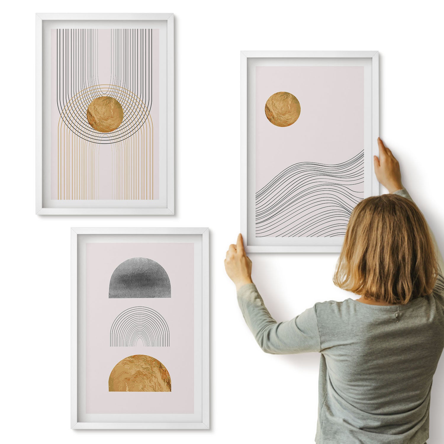 Galeria ścienna 3-częściowy komplet obrazów w białych ramach - Abstrakcyjne kształty i linie w odcieniach beżu i szarości - ArtPrintCave