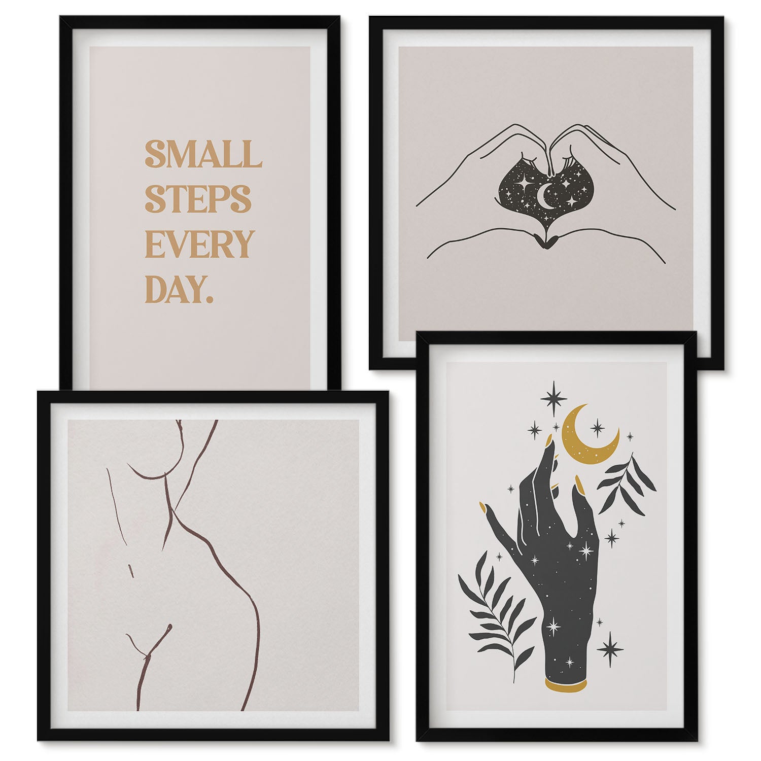 Zestaw obrazów w ramie - 4 części | Minimalistyczne ilustracje inspirujący tekst boho | Czarna ramka